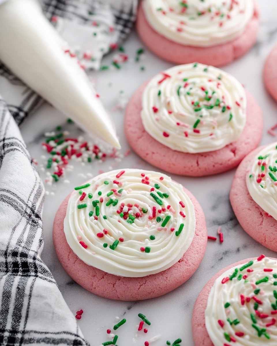 The image shows several pink frosted cookies arranged on a white marbled surface. Each cookie has two layers: a soft, thick pink base and a smooth white frosting on top, piped in a spiral pattern. The frosting is decorated with colorful sprinkles in green, red, white, and pink scattered on top. To the left side of the image, a white piping bag with white frosting rests on a black and white checkered cloth, with some sprinkles spilled around it. The whole scene has a soft and light feel. photo taken with an iphone --ar 4:5 --v 7