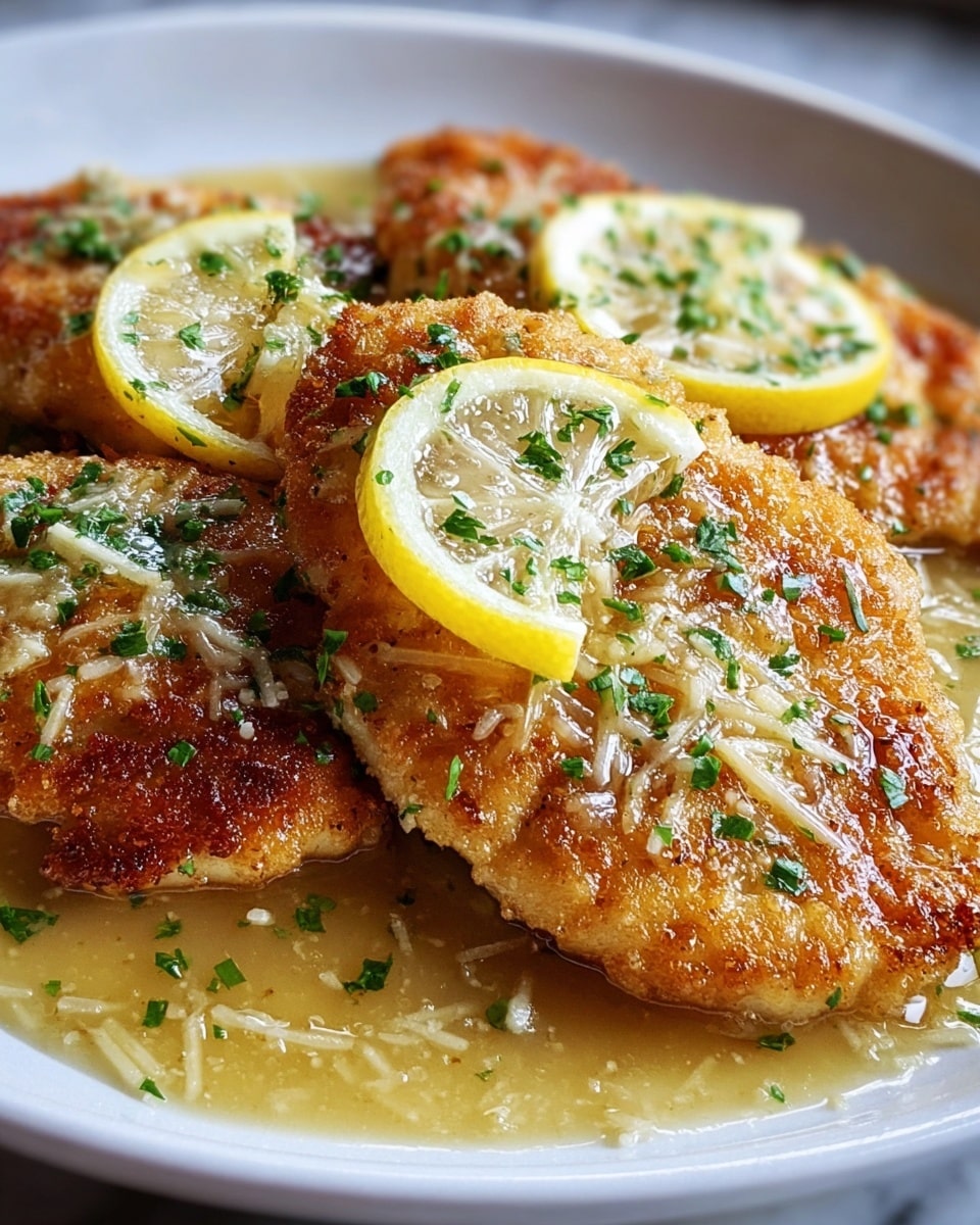 The image shows three pieces of golden-brown fried chicken cutlets arranged on a white plate filled with a light, glossy lemon butter sauce. Each cutlet has a crispy, slightly textured surface with browned edges and is topped with a thin slice of bright yellow lemon. A sprinkle of finely chopped green herbs covers the chicken and sauce, adding a fresh touch of color. The sauce pools gently around the base of the chicken, reflecting light and showing some small bits of grated cheese or garlic. The white marbled background softly contrasts with the dish, enhancing the warm colors of the food. photo taken with an iphone --ar 4:5 --v 7