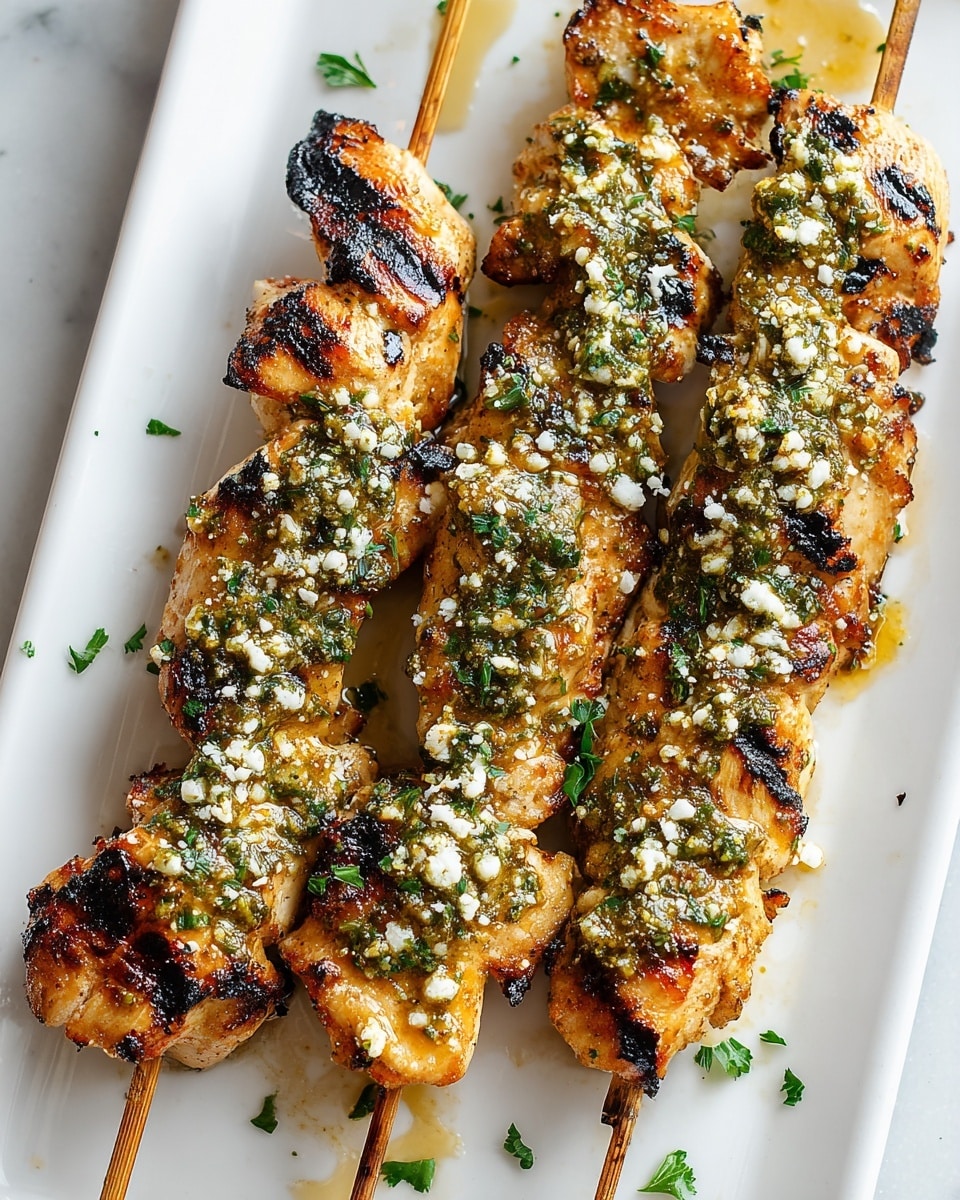 The image shows four wooden skewers lined up on a white plate, each skewer loaded with three layers of grilled chicken pieces. The chicken is golden-brown with dark char marks, giving it a slightly crispy texture on the edges. The pieces are generously coated with a sauce made of finely chopped garlic and fresh green herbs, which sparkle with a light sheen of oil. The chicken looks juicy and tender, and the sauce adds a fresh, vibrant contrast to the warm tones of the meat. The plate rests on a white marbled surface. photo taken with an iphone --ar 4:5 --v 7