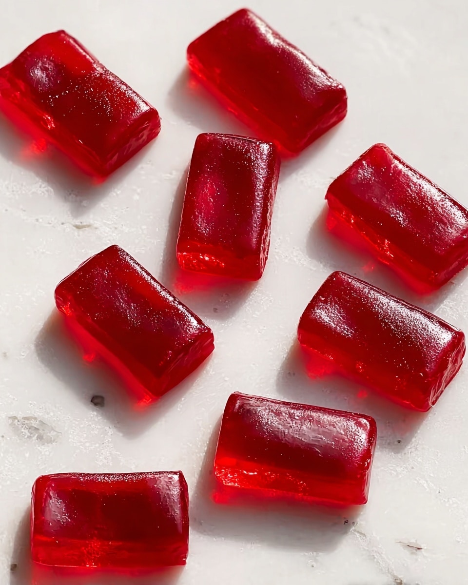 The image shows several small, rectangular red gummy candies arranged loosely on a white marbled surface. The gummies have a shiny, smooth texture with slightly rounded edges and a deep translucent red color that lets a bit of light pass through, giving them a glossy, almost wet appearance. They are evenly sized and spaced, creating a clean and simple look against the light background. photo taken with an iphone --ar 4:5 --v 7