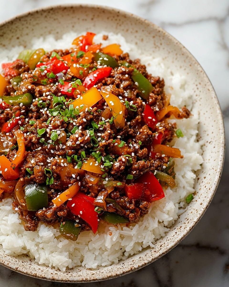 A round white speckled bowl holds a layered dish starting with a base of fluffy white rice filling the bottom two-thirds of the bowl, topped by a colorful stir-fry mix that fills the upper half. The stir-fry layer is a rich combination of browned ground meat mixed with vibrant bell pepper pieces in red, yellow, and green colors. The vegetables are cut into small chunks, glistening with sauce, and mixed with bits of translucent cooked onions. The dish is lightly sprinkled with white sesame seeds and finely chopped fresh green herbs, adding texture and color contrast throughout the top. The background shows a white marbled surface with soft natural light enhancing the vivid colors of the food. photo taken with an iphone --ar 4:5 --v 7