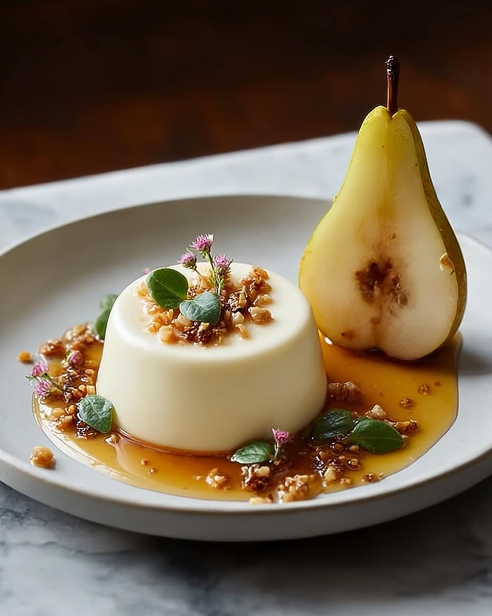 A white plate holds a smooth, creamy panna cotta dessert in the center, topped with small green leaves and tiny pink flowers. Surrounding it is a shiny caramel sauce with small crunchy bits sprinkled throughout. To the right of the panna cotta, there is a yellow pear sliced in half standing upright, showing its soft inner texture and brown seeds. The plate rests on a white marbled surface. photo taken with an iphone --ar 4:5 --v 7
