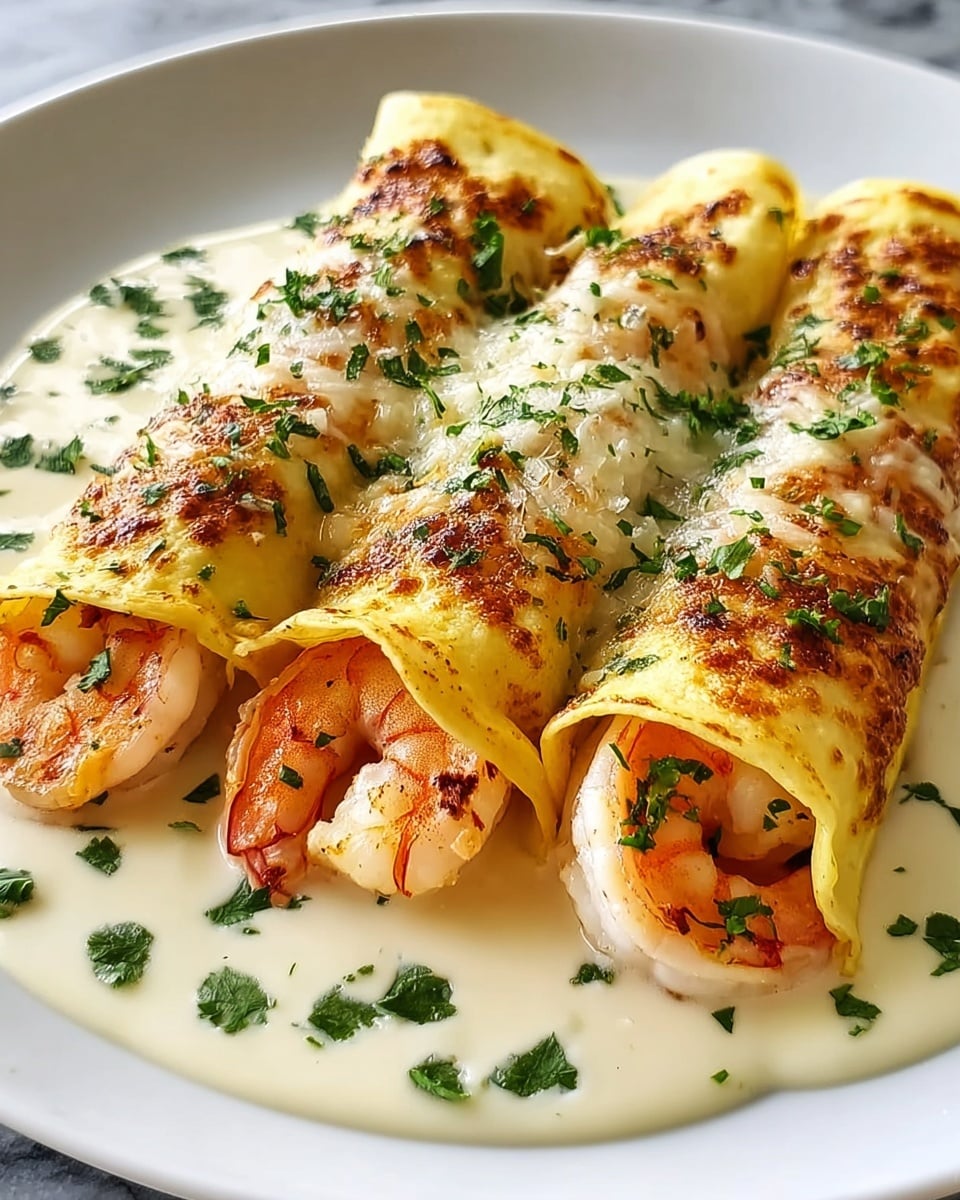 Three rolled yellow crepes filled with pink grilled shrimp peeking out at the ends, placed side by side on a white plate. The crepes are covered with melted golden brown cheese sprinkled with finely chopped green herbs. White creamy sauce surrounds the crepes, garnished with small green herb pieces. The dish is on a white marbled surface. Photo taken with an iphone --ar 4:5 --v 7