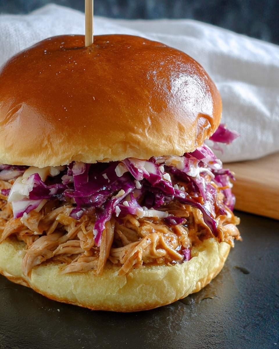 A close-up image of a pulled chicken sandwich on a shiny, golden-brown soft bun with a slight gloss on top. The sandwich has three visible layers: the bottom layer is a soft bun with a light yellow color and fluffy texture, the middle layer is juicy, shredded pulled chicken mixed with a light brown sauce that looks moist and tender, and the top layer is a bright purple-red cabbage slaw adding a crunchy texture. The sandwich is placed on a dark surface with a white cloth partially visible in the background. A small wooden pick sticks out from the top bun, holding the sandwich together. photo taken with an iphone --ar 4:5 --v 7