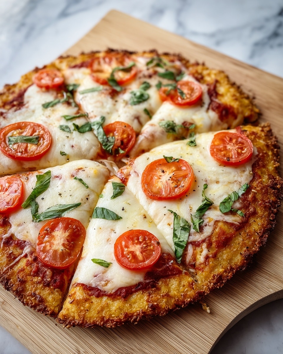 A golden-brown crispy pizza crust forms the base, topped with a layer of red tomato sauce. On top, there is a thick layer of melted white mozzarella cheese, slightly browned in spots from baking. Each of the six slices is adorned with a round slice of fresh red tomato and sprinkled green basil leaves, adding a fresh contrast in color. The pizza is placed on a light wooden board resting on a white marbled texture surface. photo taken with an iphone --ar 4:5 --v 7