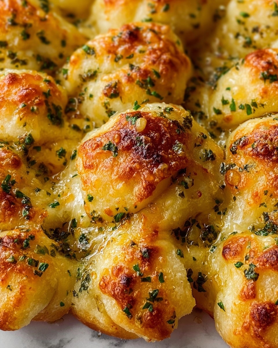 The image shows a close-up of golden browned garlic knots covered with melted cheese and small bits of green herbs sprinkled all over. The knots have a soft, fluffy texture with slightly crispy edges where the cheese is browned. Tiny glistening drops of melted butter or oil add shine to the surface, making the knots look moist and flavorful. The knots are placed close together on a white marbled texture. photo taken with an iphone --ar 4:5 --v 7