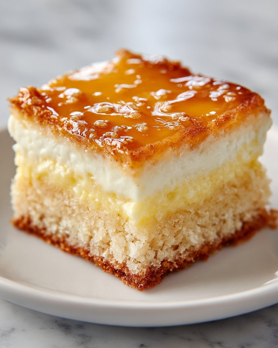 A close-up view of a square piece of cake with three distinct layers sits on a white plate over a white marbled texture. The bottom layer is a light golden-brown crumbly cake base, above it is a thick creamy white filling layer, and the top layer is another moist golden cake topped with a shiny, translucent amber glaze with slight ridges and bubbles that catch the light. The focus is on the texture and gloss of the drizzle on top, emphasizing the moistness and softness of the cake layers beneath. Photo taken with an iphone --ar 4:5 --v 7