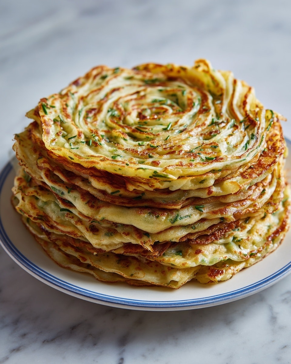 The image shows several round, flat pancakes stacked on a white plate with a blue rim, placed on a white marbled surface. Each pancake has a visible spiral pattern with layers of light golden brown and green from chopped herbs or vegetables spread inside the thin batter. The pancakes have crisp and slightly bubbly edges with a mix of shiny and matte textures from being cooked evenly on both sides. The layers appear thin and tightly rolled, creating a textured look with a mix of soft and crispy parts. photo taken with an iphone --ar 4:5 --v 7