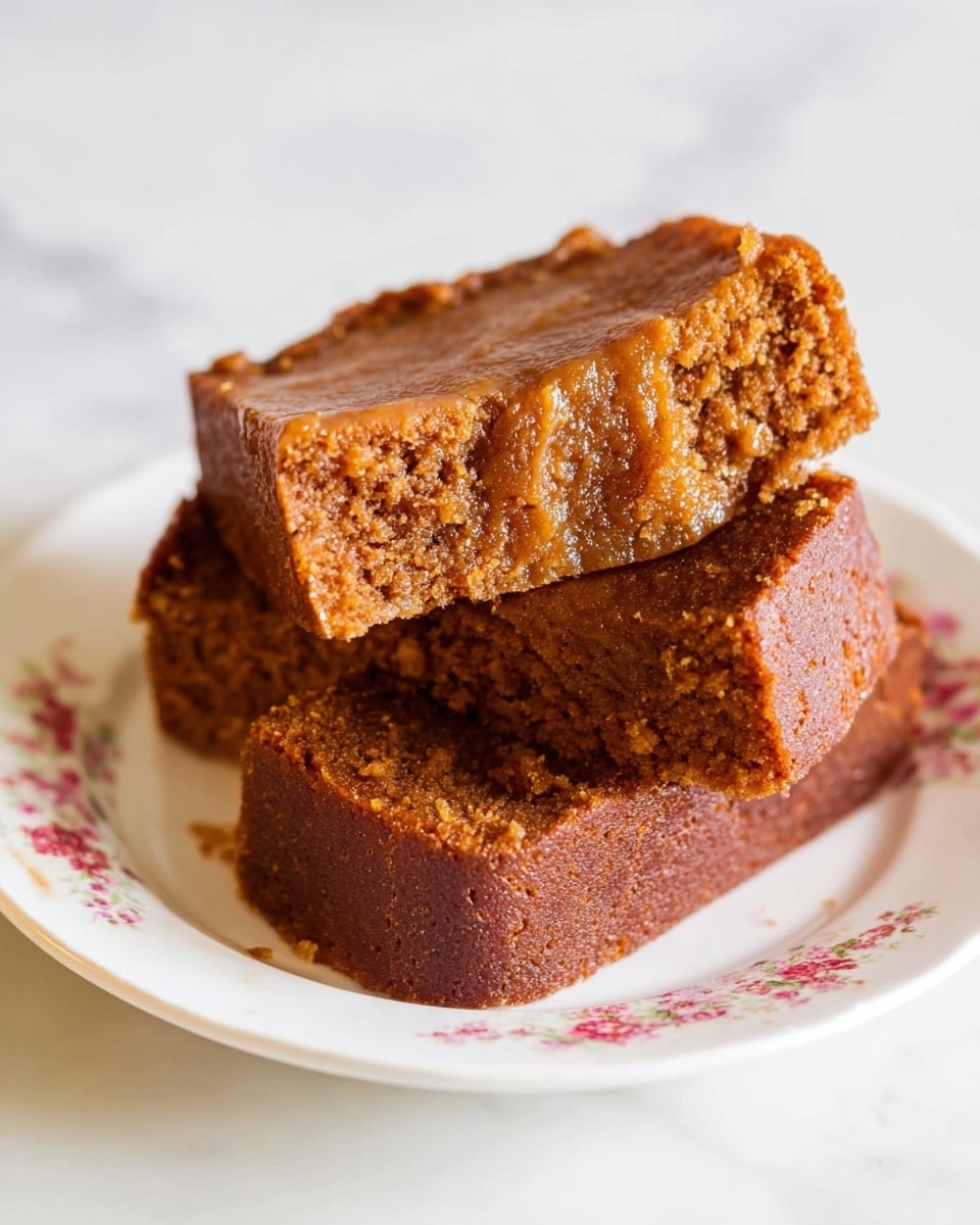 The image shows three pieces of brown, moist cake stacked on a white plate with a floral pattern. The cake has a soft texture with a slightly darker crust on the edges and a lighter, dense inside. The top piece reveals a crumbly upper layer that looks textured and a denser, smooth bottom layer. The pieces are arranged in a small pile with the top piece tilted slightly forward, giving a clear view of its two layers. The plate sits on a white marbled surface. photo taken with an iphone --ar 4:5 --v 7