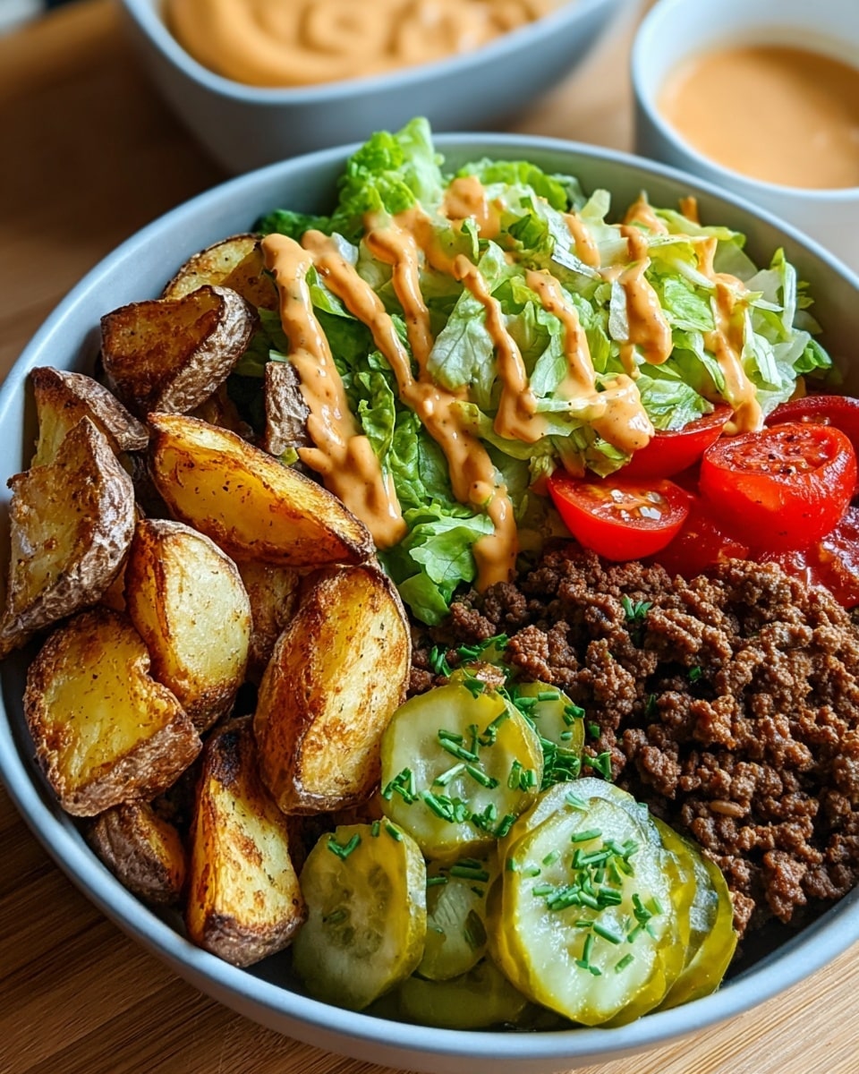 A round white bowl filled with six sections of different ingredients placed side by side. The first section has roasted potato wedges with a golden brown crispy skin. Next to it, there is seasoned cooked ground beef with a deep brown color and crumbly texture. Above the beef, shredded green lettuce is layered and topped with five pickle slices drizzled with a light orange sauce in a zigzag pattern. To the left of the lettuce, there is a heap of thick, smooth light orange sauce with reddish seasoning on top. Above the sauce, thin slices of cherry tomatoes form a bright red section. The last section contains sliced pickles with a green color and a sprinkle of green herbs. The bowl is placed on a wooden surface with a small white bowl filled with more of the light orange sauce blurred in the background. photo taken with an iphone --ar 4:5 --v 7