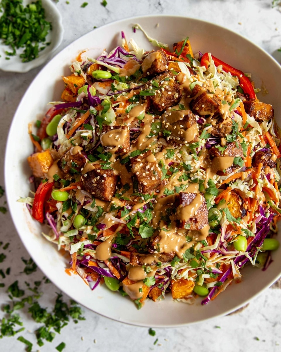 A white bowl filled with a colorful salad made of shredded white and purple cabbage as the base layer, mixed with thin red bell pepper strips and bright green edamame beans. Scattered on top are chunks of brown grilled or roasted protein and small orange pieces, possibly sweet potato or carrot, with a textured light brown sauce drizzled over the entire dish. Fresh green chopped herbs and white sesame seeds are sprinkled across the top, adding a fresh and crunchy look. The bowl sits on a white marbled surface with some chopped herbs in the corner. Photo taken with an iphone --ar 4:5 --v 7