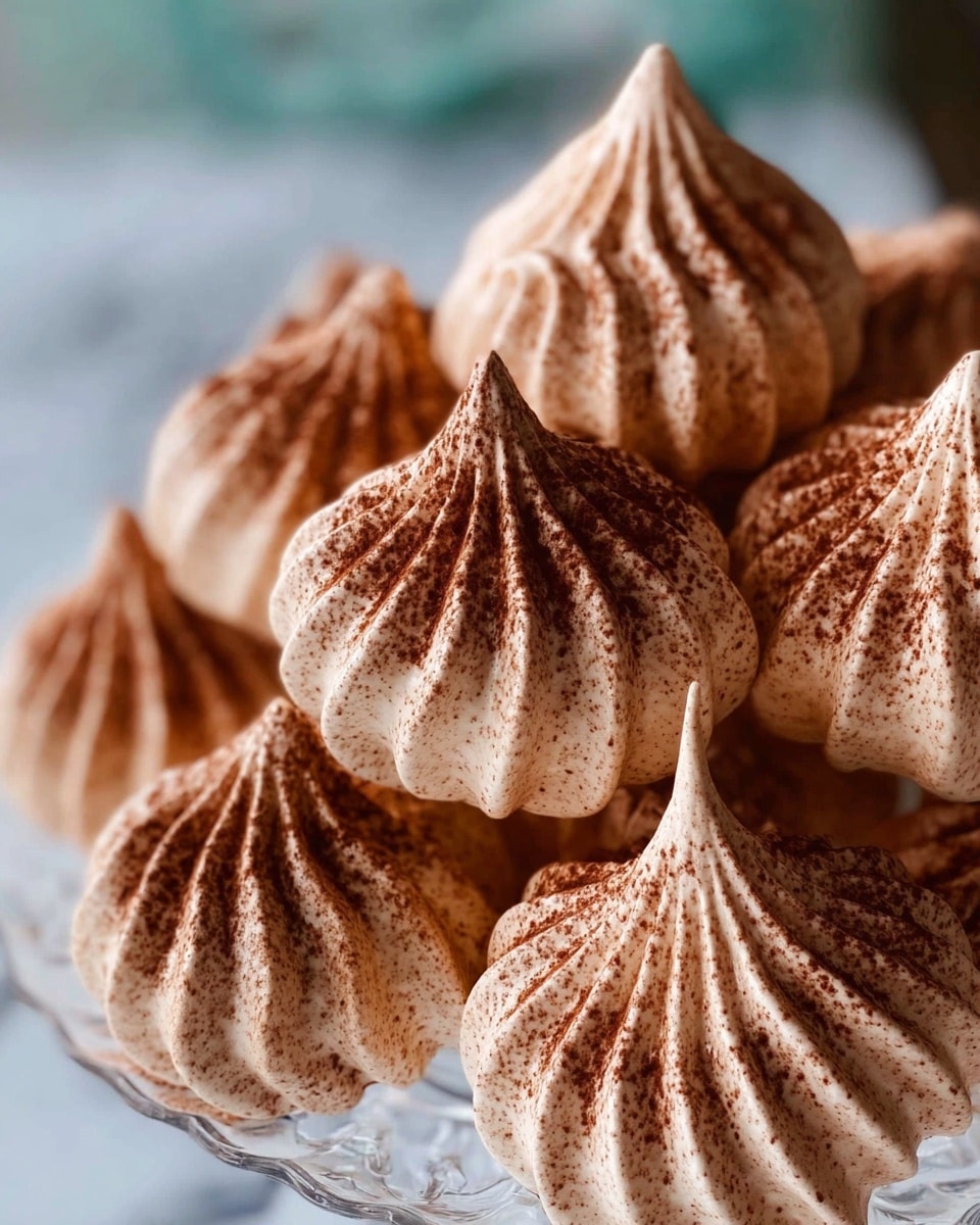 A close-up image of a pile of light brown meringue cookies with a dusting of cocoa powder. Each cookie has a swirled, ridged texture, creating pointed peaks at the top. The meringues are stacked closely together on a clear glass plate, all showing a soft, airy appearance. The background is softly blurred with a white marbled texture underneath. photo taken with an iphone --ar 4:5 --v 7