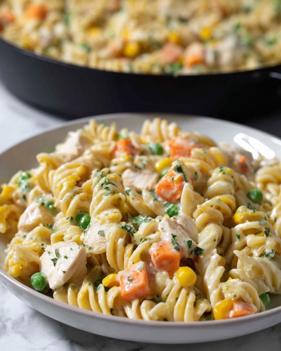 This image shows a close-up of a white bowl filled with creamy pasta made of curly noodles. The dish has a mix of small chunks of white chicken, bright orange carrot slices, green peas, and yellow corn, all coated in a light cream sauce with green herbs sprinkled throughout. The pasta and veggies are mixed evenly, creating a textured and rich look. In the background, part of a black pan filled with the same creamy pasta is visible. The surface beneath the bowl is a white marbled texture. photo taken with an iphone --ar 4:5 --v 7
