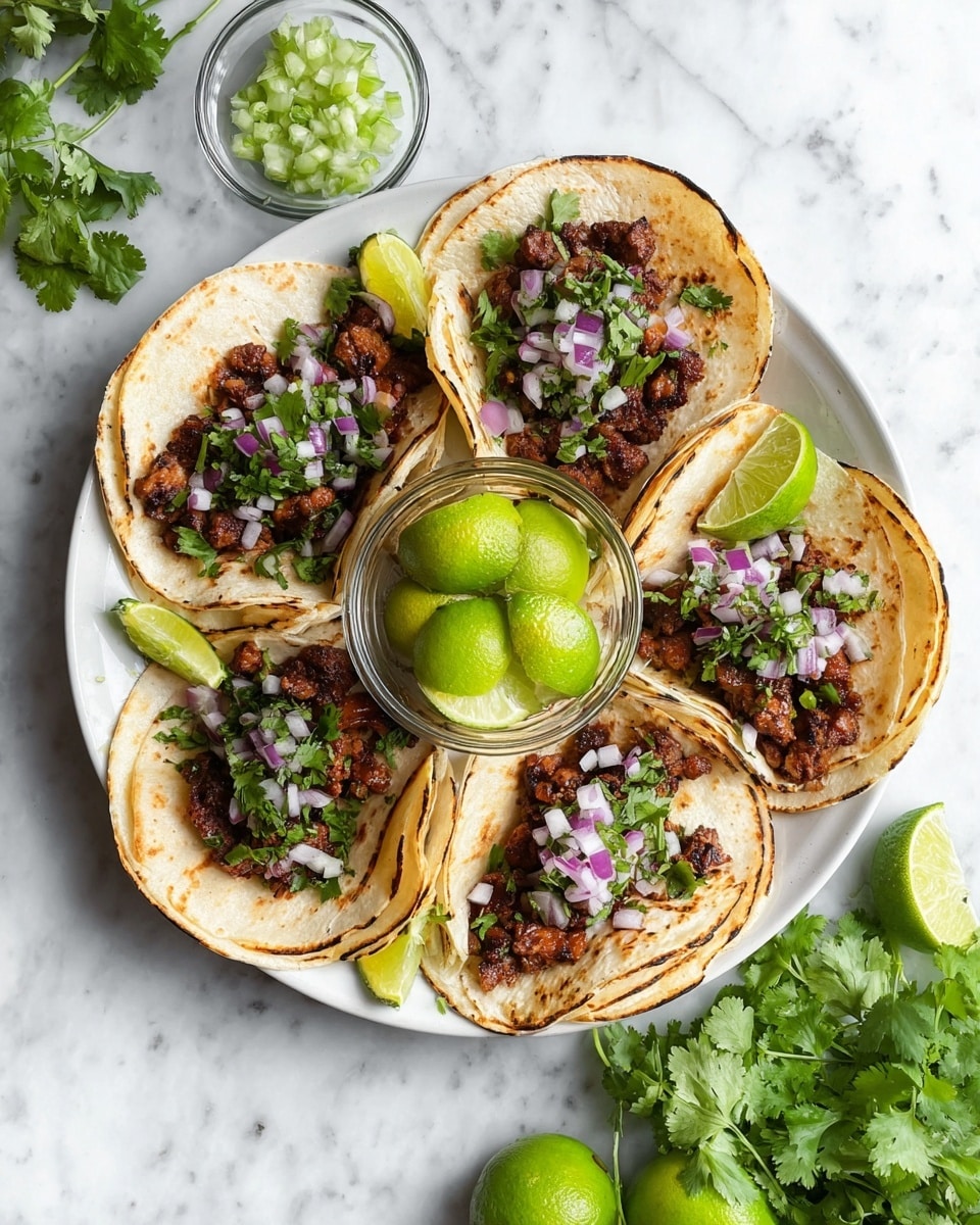 A white round plate holds six small tacos arranged in a circle around a clear glass bowl filled with bright green lime wedges. Each taco has two soft white corn tortillas with light brown char marks, folded gently. Inside, the first layer is a generous amount of dark brown cooked meat pieces with a slightly crispy texture, topped with small bits of finely chopped purple onions and fresh green cilantro leaves scattered on top. Around the plate, sprigs of fresh cilantro and whole bright green limes rest on a white marbled surface, along with a small clear bowl of extra chopped onions nearby. photo taken with an iphone --ar 4:5 --v 7