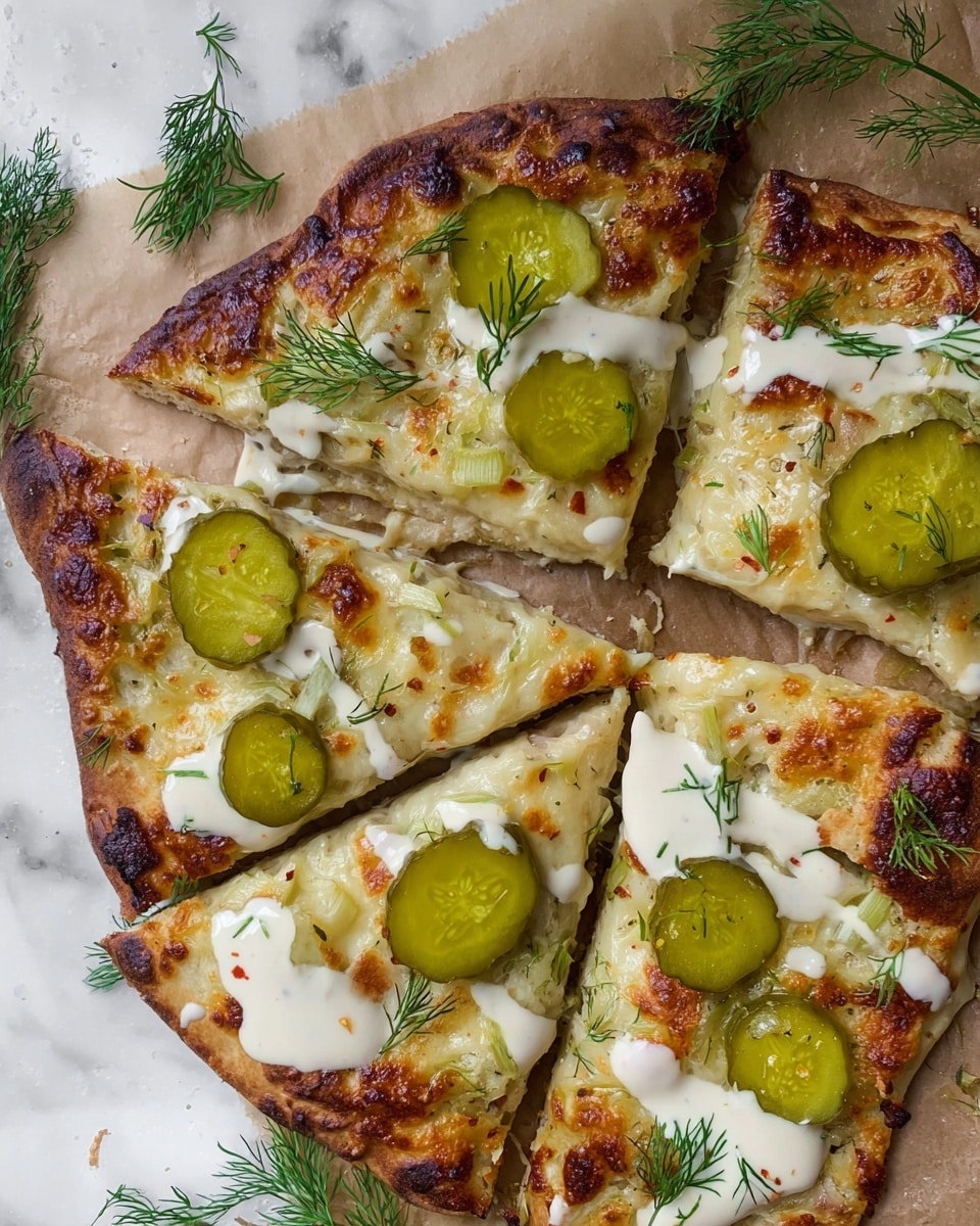The image shows pieces of pizza with a golden brown, slightly crispy crust. The pizza has three main layers: a creamy white sauce base, a layer of melted cheese that is browned and bubbly on top, and green pickles placed evenly across each slice. There are light green sprigs of fresh dill scattered over the pizza, adding a touch of color. White sauce is drizzled in thin lines and small pools on top of the slices, contrasting with the melted cheese and pickles. The pizza slices are on a piece of brown parchment paper, all set on a white marbled surface with some dill sprigs around. Photo taken with an iphone --ar 4:5 --v 7