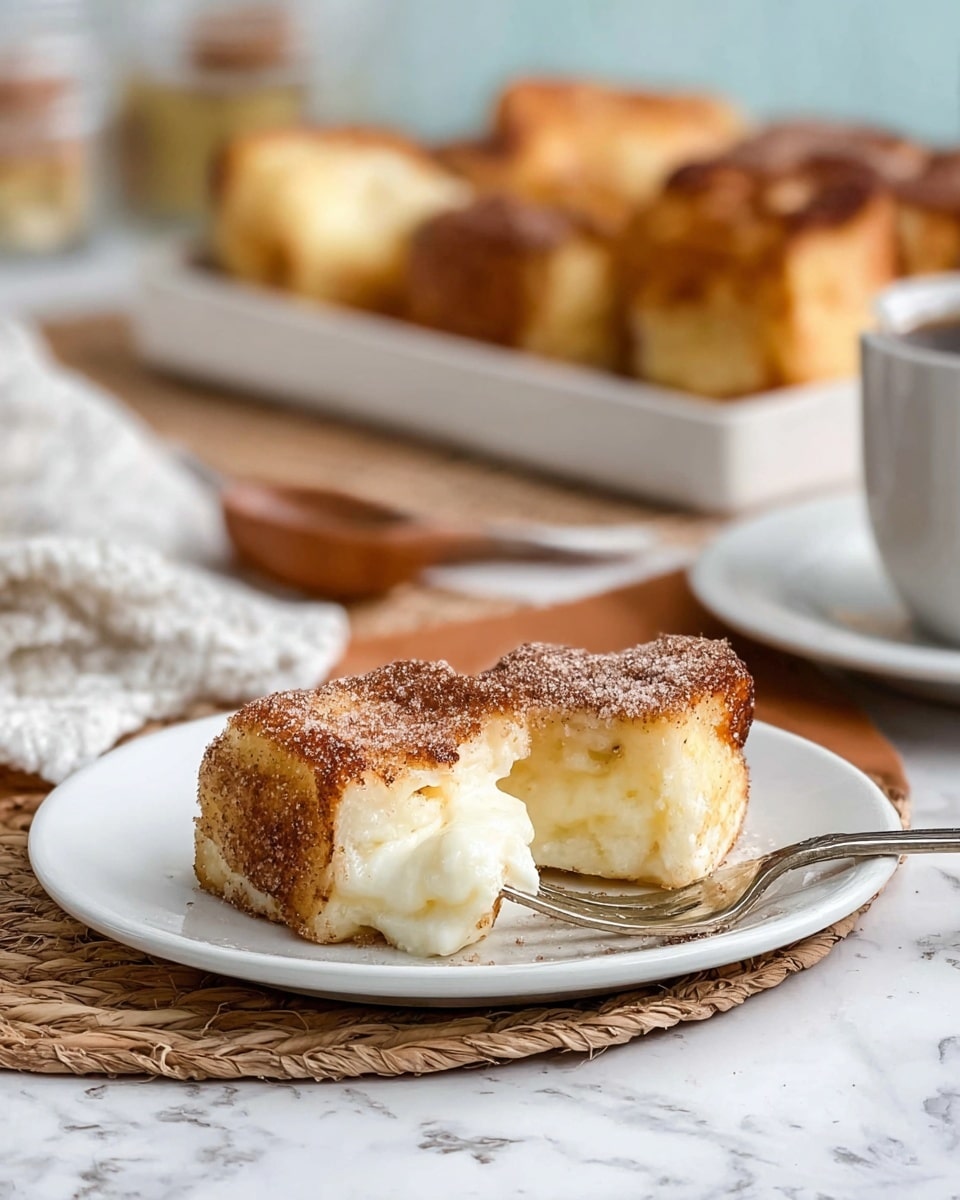 The image shows a white plate with two pieces of a baked dessert that has a golden-brown, slightly crispy outer layer covered in light powder, likely cinnamon and sugar. The inside is soft and creamy white with a smooth texture. One smaller piece is on a silver fork, positioned in front of the larger piece. In the background, there is a white cup and a woven mat beneath a tray with more pieces of the same dessert, slightly out of focus, all set on a white marbled surface. photo taken with an iphone --ar 4:5 --v 7