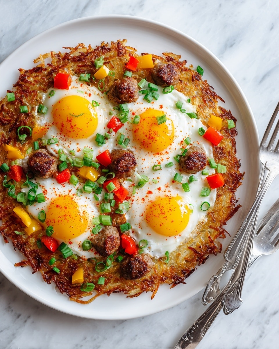 A white plate holds a crispy golden-brown hash brown base with a slightly darker edge, topped with three sunny-side-up eggs evenly spaced, each with bright yellow yolks and white edges speckled with red seasoning. Scattered over the eggs and hash brown are small, browned sausage pieces, diced red and yellow bell peppers, and chopped green onions adding green accents. A silver fork and spoon rest on the right side of the plate, all set on a white marbled textured surface. Photo taken with an iphone --ar 4:5 --v 7
