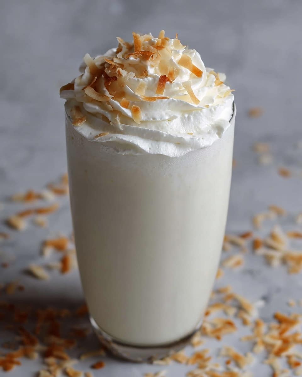 A tall clear glass filled with smooth, creamy white liquid, topped with a thick swirl of white whipped cream that has a soft, airy texture. Scattered on top of the whipped cream are lightly toasted, golden-brown coconut flakes, adding a rough texture and warm color contrast. The glass is placed on a surface with white marbled texture, with some toasted flakes scattered around it. photo taken with an iphone --ar 4:5 --v 7
