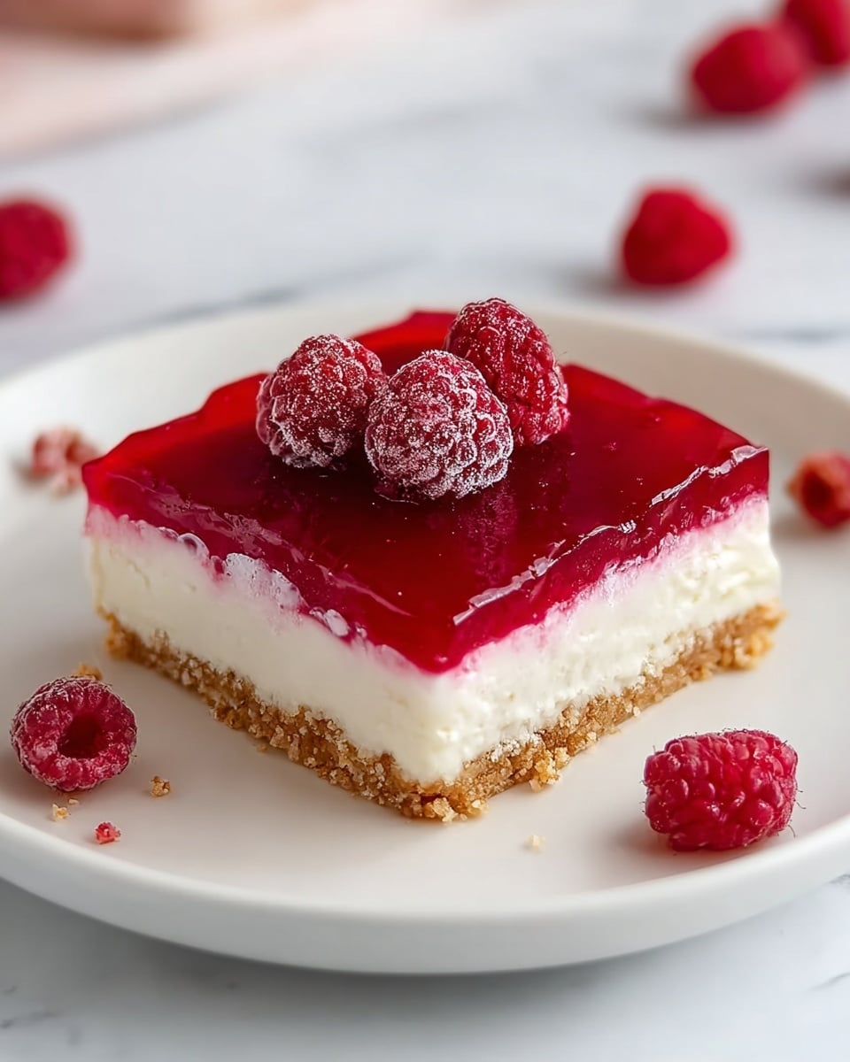 A square dessert with three clear layers sits on a white plate: a crumbly light brown crust at the bottom, a thick smooth white cream layer in the middle, and a thick red glossy raspberry jelly layer on top. Three fresh raspberries rest on the jelly layer, with more raspberries scattered around the plate. The white plate is on a white marbled surface. photo taken with an iphone --ar 4:5 --v 7