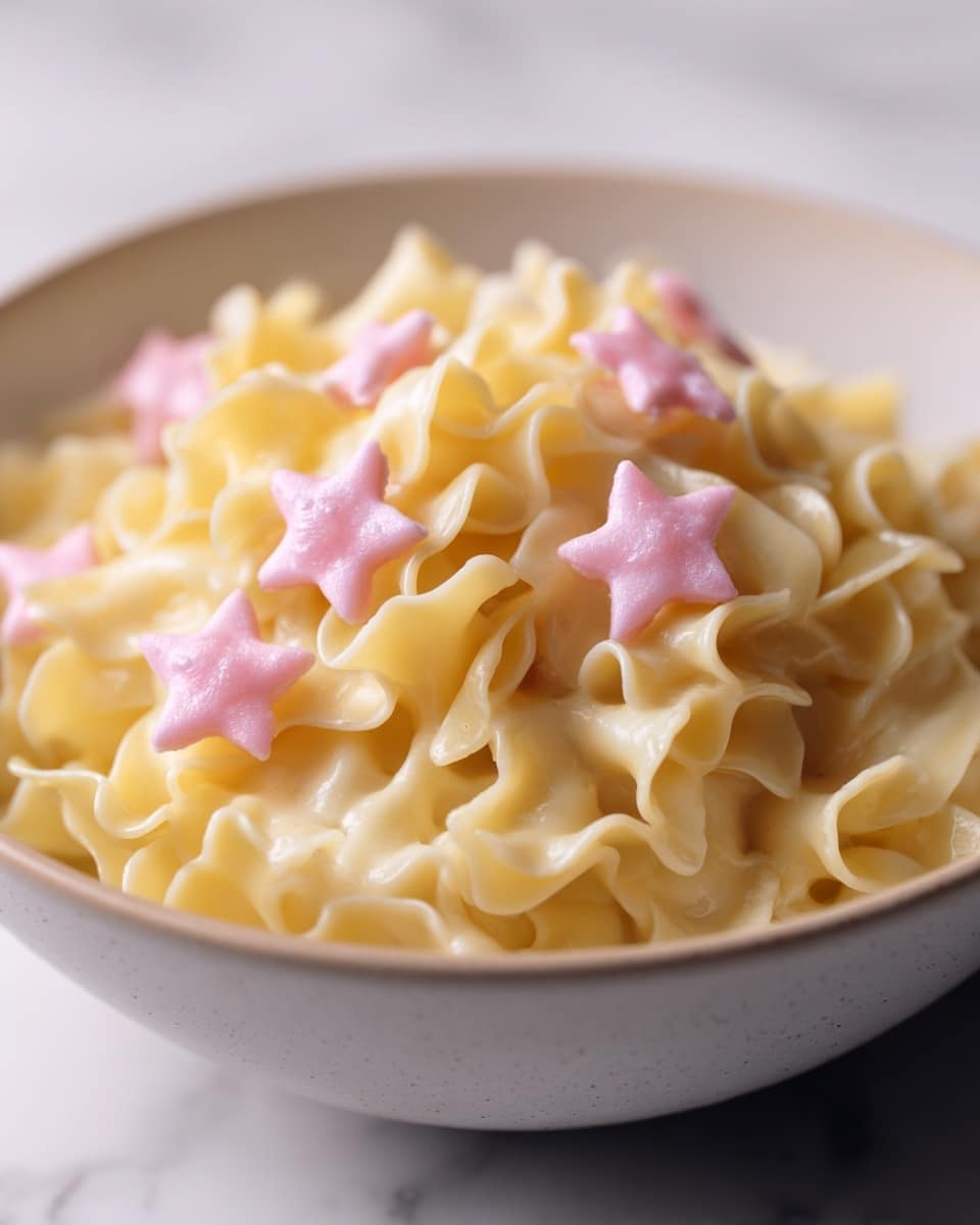 A close-up image of a white bowl filled with pasta shaped like short, wide ribbons with wavy edges, showing a creamy, light yellow color and smooth texture. On top of the pasta, there are small pink star-shaped toppings that appear soft and slightly shiny, adding a decorative touch to the dish. The bowl sits on a white marbled surface with a soft focus black background. photo taken with an iphone --ar 4:5 --v 7