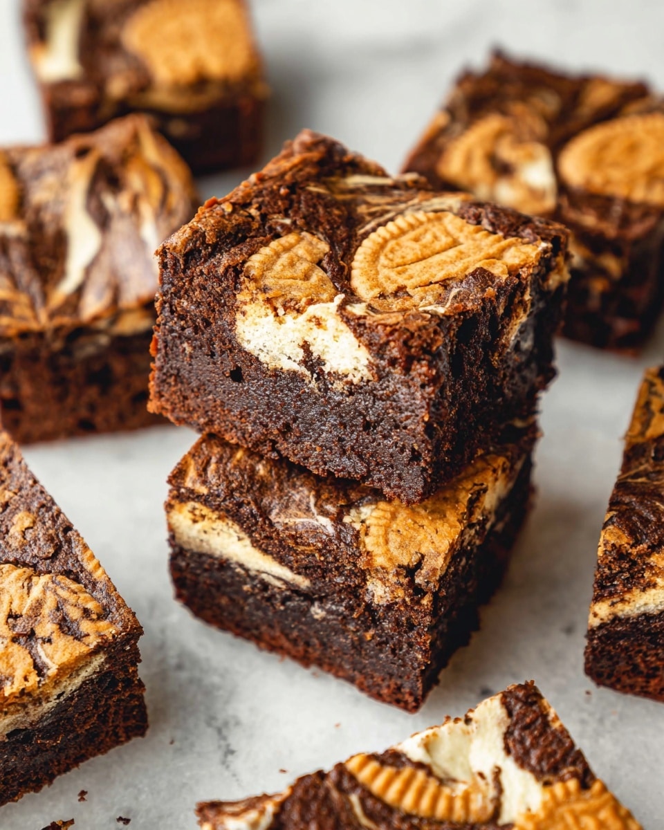 The image shows several square brownie pieces arranged on a white marbled surface. Each brownie has a marbled pattern of dark chocolate brown and golden brown, with swirls of creamy light tan and some white patches. The top layer has a cracked texture with embedded cookie-like pieces that display a ridged, semi-circular shape in a light golden brown color. The brownies look rich and dense with a chewy surface. In the center, two brownies are stacked at an angle, showing the thickness and texture of the layers. Photo taken with an iphone --ar 4:5 --v 7