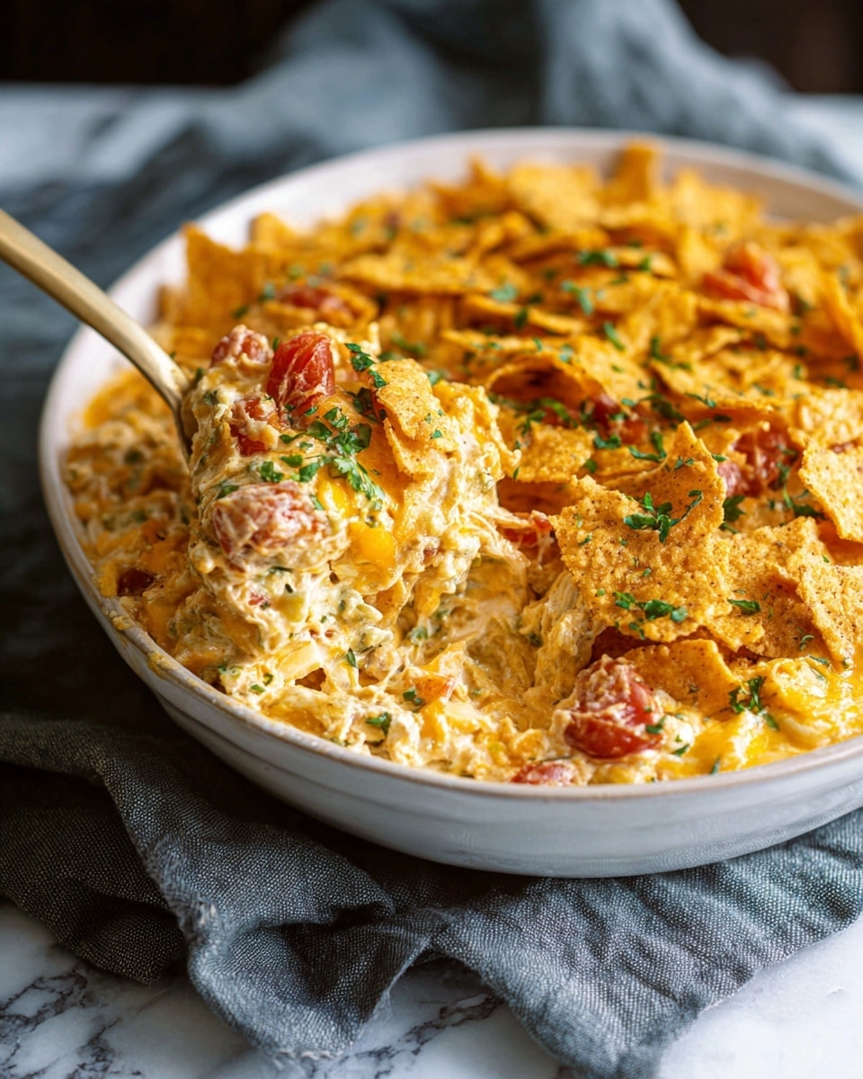 A close-up view of a creamy layered dish served in a white bowl resting on a gray cloth over a white marbled surface. The dish has a thick base layer of creamy, orange-yellow cheese mixed with green herbs and small chunks of red tomatoes. Scattered on top are crispy, golden-brown corn chip pieces adding texture and crunch. The whole dish is sprinkled with finely chopped green herbs, and a beige spoon scoops a portion, showing the rich, cheesy, and chunky mixture with vibrant colors and a slightly crumbly texture. Photo taken with an iphone --ar 4:5 --v 7