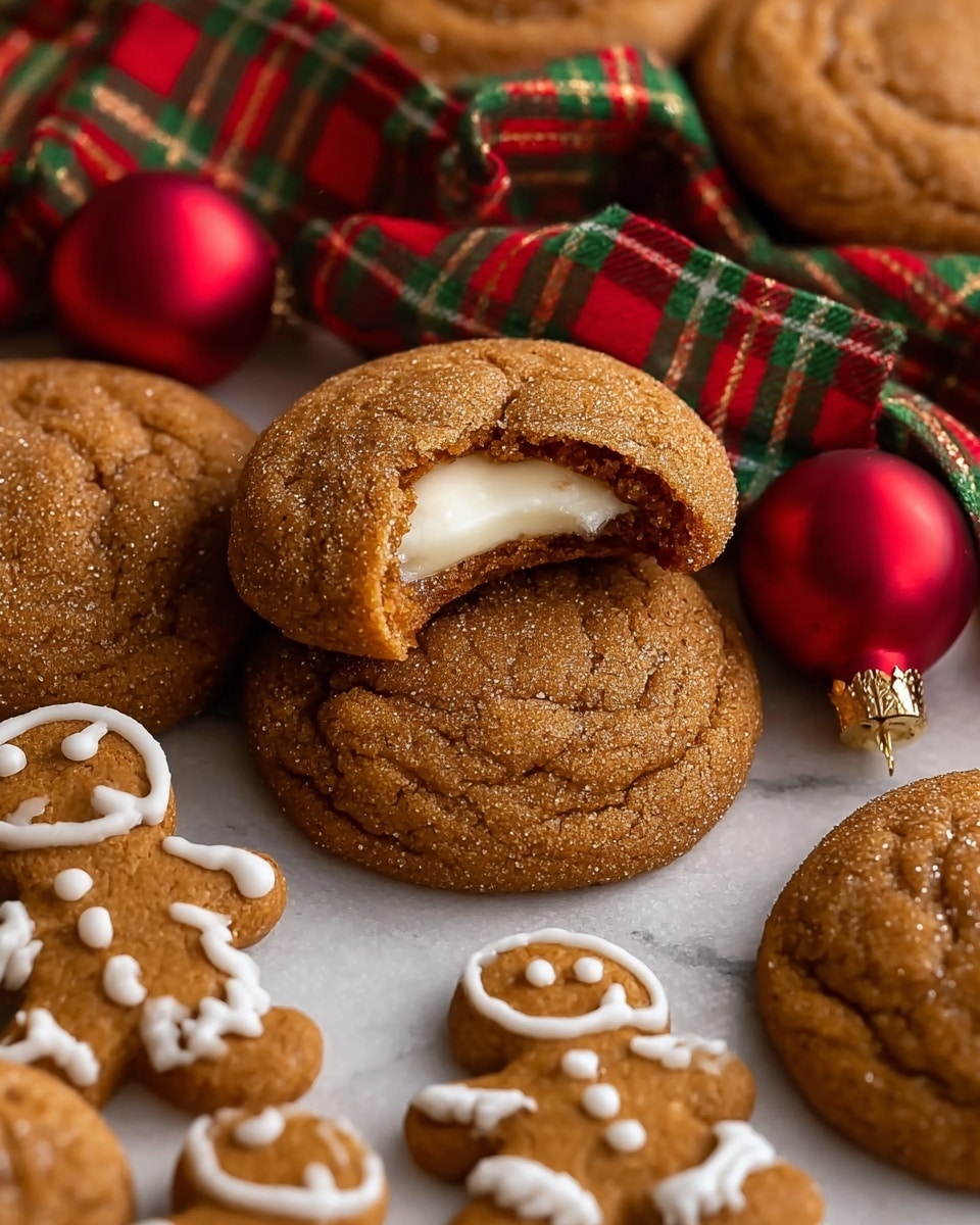 The image shows a group of soft, round brown cookies with a slightly cracked surface and a sugary sparkle on top. One cookie is placed on top and has a bite taken out of it, revealing a smooth, white creamy filling inside. Around these cookies are small gingerbread figures decorated with simple white icing faces and lines, adding a festive touch. There are also bright red ornaments and a red, green, and gold plaid ribbon woven among the cookies, all set on a white marbled textured surface. photo taken with an iphone --ar 4:5 --v 7