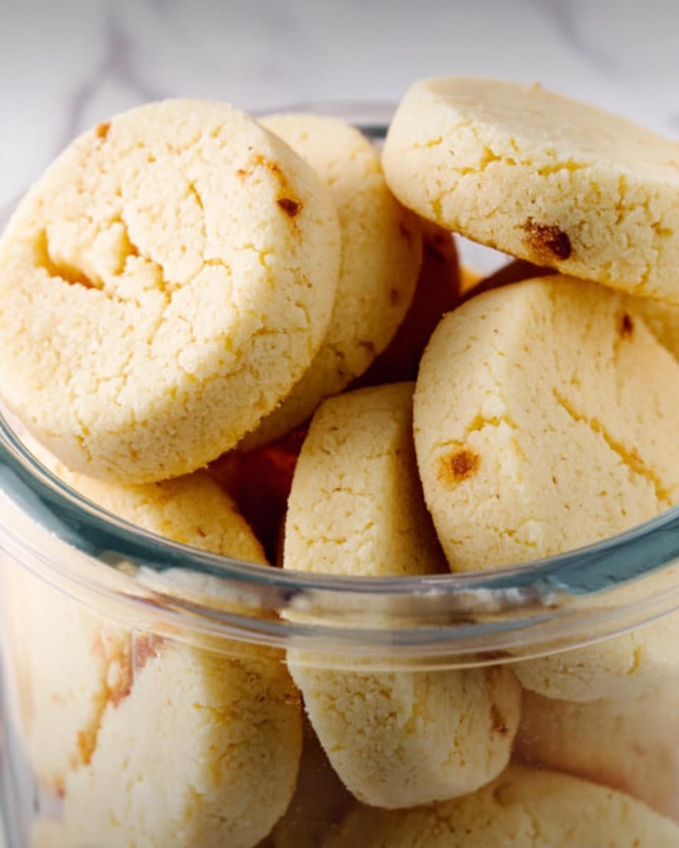 A close-up view of thick, round, pale yellow cookies packed tightly inside a clear glass jar. The cookies have a slightly crumbly texture with some small brown spots on the surface, showing a baked finish. The jar is full, with cookies stacked in different angles, some leaning against the glass, showing their soft edges and smooth top surfaces. The background is a white marbled texture. photo taken with an iphone --ar 4:5 --v 7