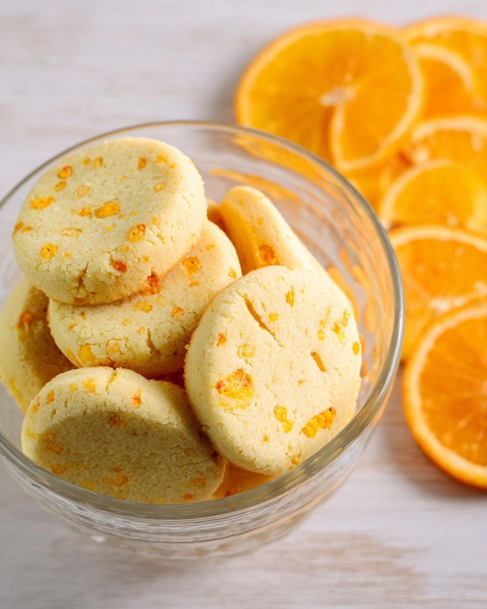 The image shows a clear glass bowl filled with round, thick cookies that have a light yellow color with small orange specks scattered on top. Each cookie appears smooth and slightly crumbly in texture. The cookies are stacked loosely, showing about three to four layers. In the background, there are bright orange slices with white pith visible, placed on a white marbled surface that gives a clean and fresh look. photo taken with an iphone --ar 4:5 --v 7