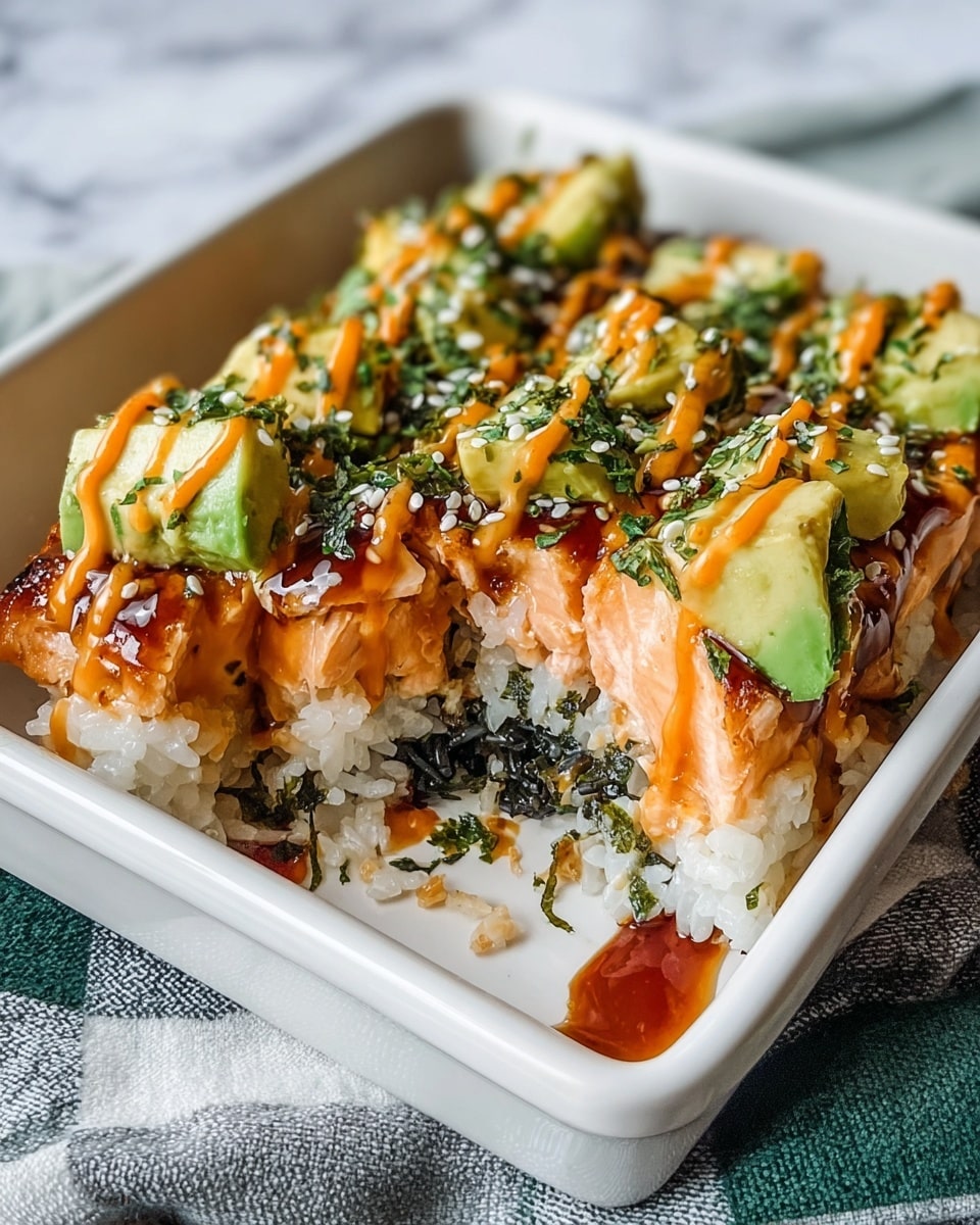 A white rectangular dish contains a layered salmon rice bowl with three main layers: the bottom layer is white sticky rice with some bits looking slightly toasted, the middle layer appears to be dark seaweed, and the top layer features grilled salmon chunks showing a light orange color with a flaky texture. On top of the salmon, there are chunks of fresh green avocado, a drizzle of two sauces — one bright orange and one dark brown— plus sprinkled white sesame seeds and small green herb pieces scattered around. The dish is set on a white marbled surface with part of a grey and green cloth visible underneath, and a bite has been taken out of the front salmon piece. Photo taken with an iphone --ar 4:5 --v 7