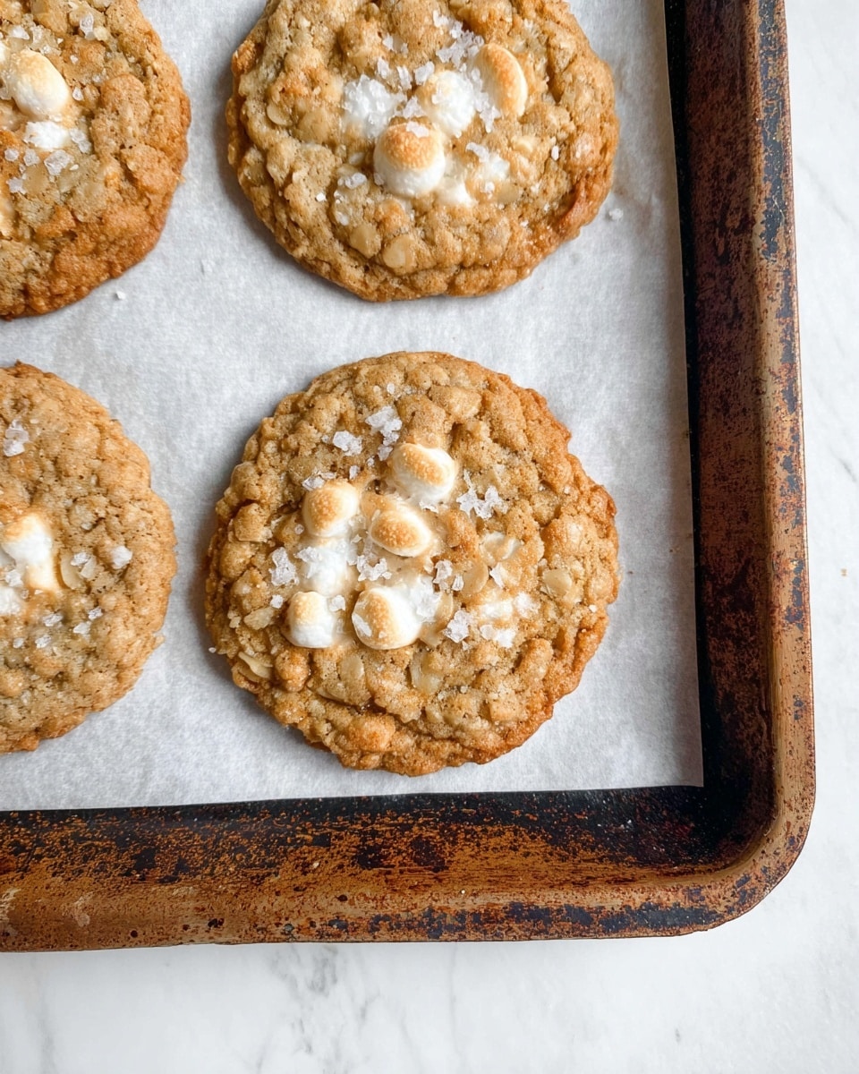 The image shows three round oatmeal cookies on a white parchment paper placed on a rusty, dark metal baking tray. Each cookie has a golden-brown color with a slightly rough and crumbly texture. In the center of each cookie, there are visible toasted marshmallows, white with golden-brown spots, blending into the oat base. Small flakes of sea salt are scattered on the surface of the cookies, adding a slight shine. The tray sits on a white marbled surface. photo taken with an iphone --ar 4:5 --v 7
