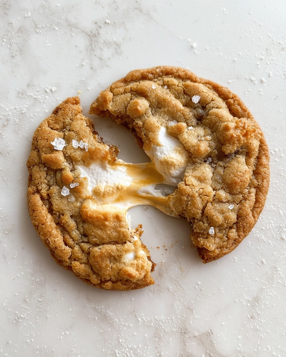 A golden-brown cookie broken in half lying on a white marbled surface, revealing gooey melted marshmallow inside stretching between the two pieces; the cookie has a slightly crinkled texture with a few shiny salt flakes on top that add contrast to the soft, chewy center. photo taken with an iphone --ar 4:5 --v 7