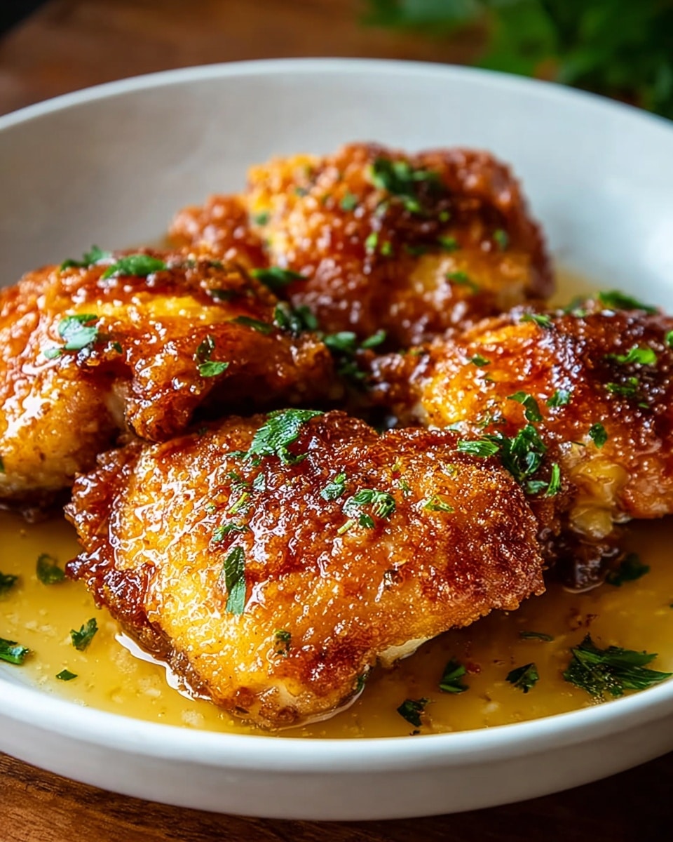 The image shows four pieces of golden-brown fried chicken thighs with a crispy, textured crust on a white shallow bowl. The chicken is covered in a shiny glaze of melted butter or sauce that pools slightly at the bottom, creating a wet, glossy look. Small green parsley leaves are sprinkled on top, adding a fresh touch and some color contrast. The bowl sits on a wooden surface, and the close-up shot focuses on the crispiness and juiciness of the chicken pieces with soft lighting that highlights the warm tones. Photo taken with an iphone --ar 4:5 --v 7