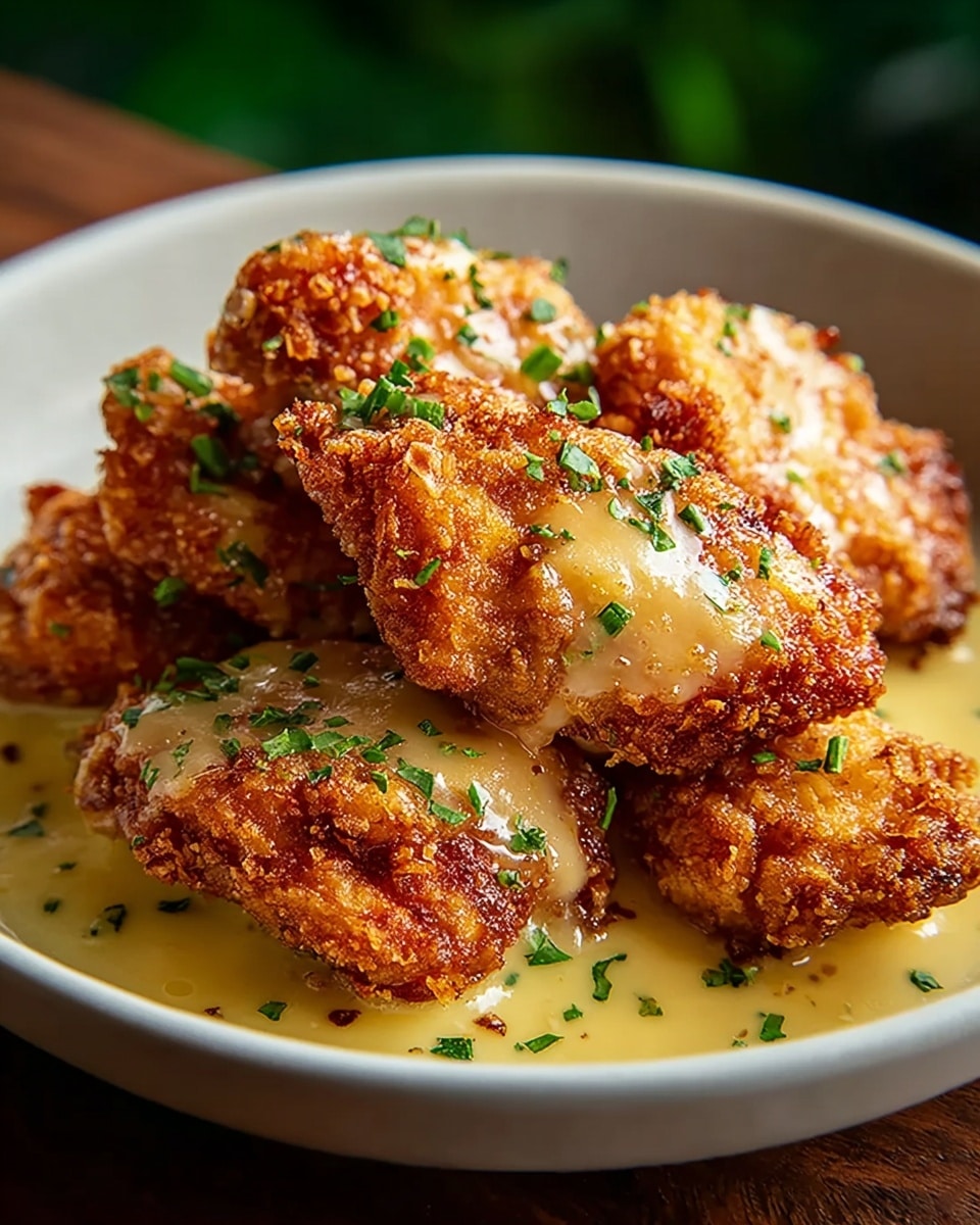 A close-up of a white shallow bowl filled with several pieces of golden-brown fried chicken topped with melted pale yellow cheese. The chicken pieces have a crunchy, textured crust with a slightly oily shine and are arranged in a casual pile. A light yellow creamy sauce pools gently at the bottom of the bowl, coating the edges of the chicken. Small green chopped herbs are sprinkled over the top, adding a fresh color contrast. The bowl rests on a dark wooden surface with a blurred green background, but the main focus is on the crispy, saucy chicken pieces. Photo taken with an iphone --ar 4:5 --v 7