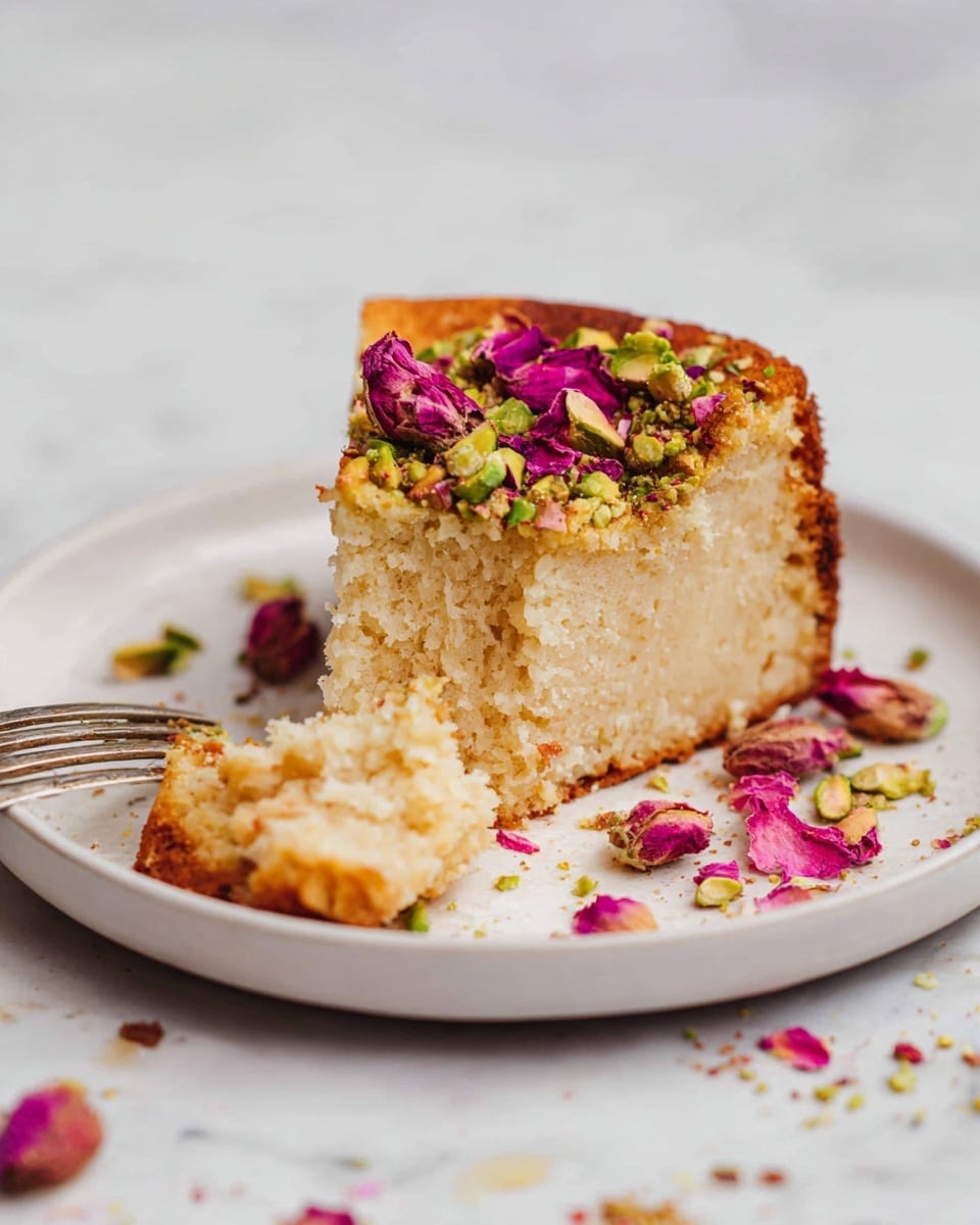 A single slice of dense, creamy cake with a golden brown crust sits on a white plate with some scattered pistachio nuts and dried rose petals around it. The cake slice shows a moist, slightly crumbly light yellow interior, topped with chopped green pistachios and vibrant pink dried rose petals. A small piece of the cake is cut off on the left side and held by a fork, resting on the plate. The background is a white marbled texture, giving a clean and soft look. photo taken with an iphone --ar 4:5 --v 7