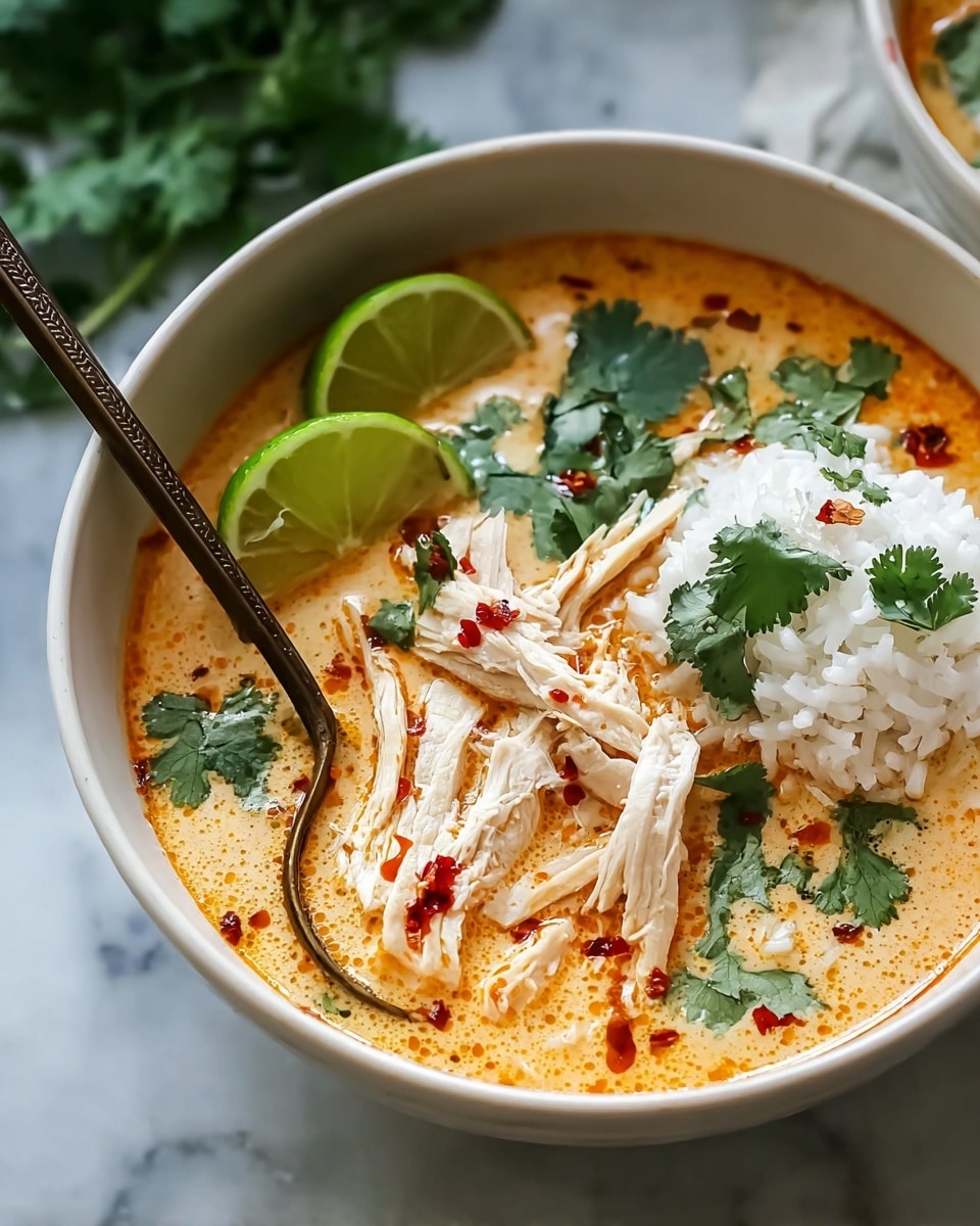 A white bowl filled with creamy, light orange soup containing slices of white chicken breast coated with a few drops of red chili oil, sprinkled with fresh dark green cilantro leaves floating around. To one side, there is a mound of fluffy white rice garnished with a few small cilantro sprigs, and behind it, two bright green lime wedges sit upright. A pair of wooden chopsticks lift one slice of chicken from the bowl. The bowl rests on a white marbled surface with scattered green cilantro leaves nearby. photo taken with an iphone --ar 4:5 --v 7
