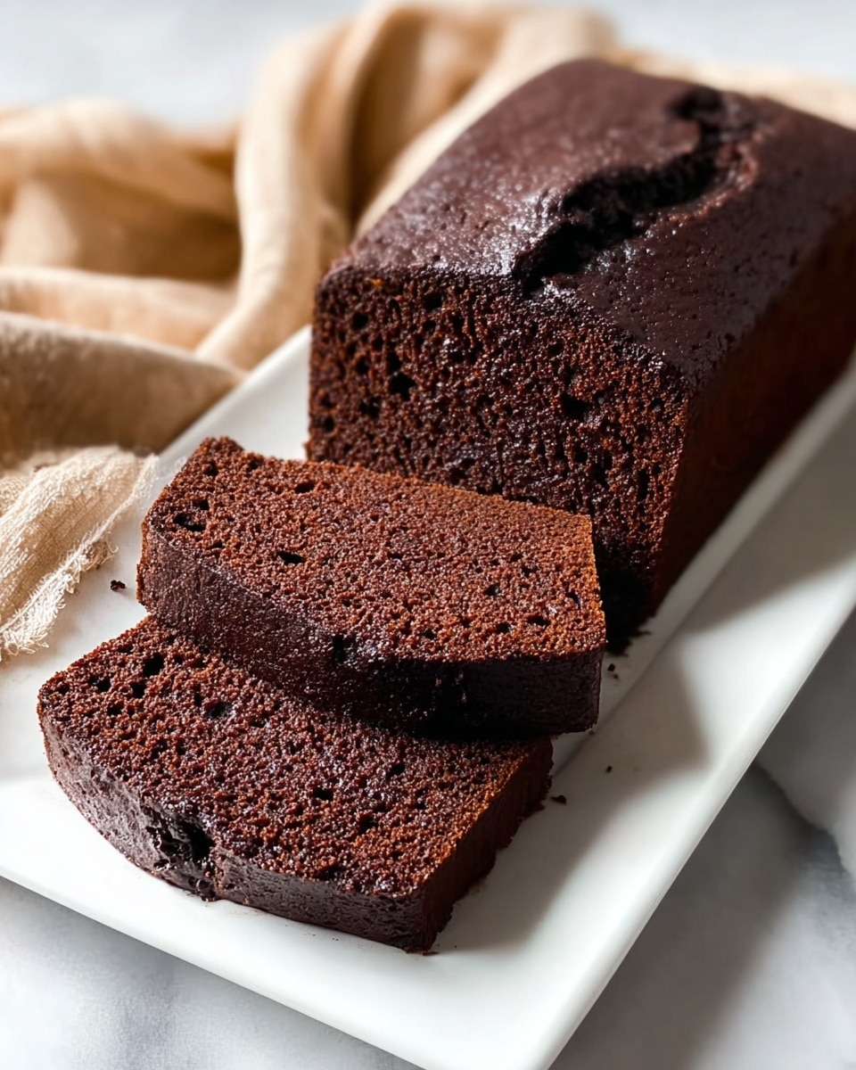 A dark brown chocolate loaf cake with a soft and moist texture is placed on a long white rectangular plate. The cake is sliced into three pieces with the front two slices slightly separated, showing the tiny air holes inside. The top of the cake has a cracked, slightly shiny surface. The plate sits on a white marbled texture with a light brown cloth draped softly in the background. photo taken with an iphone --ar 4:5 --v 7