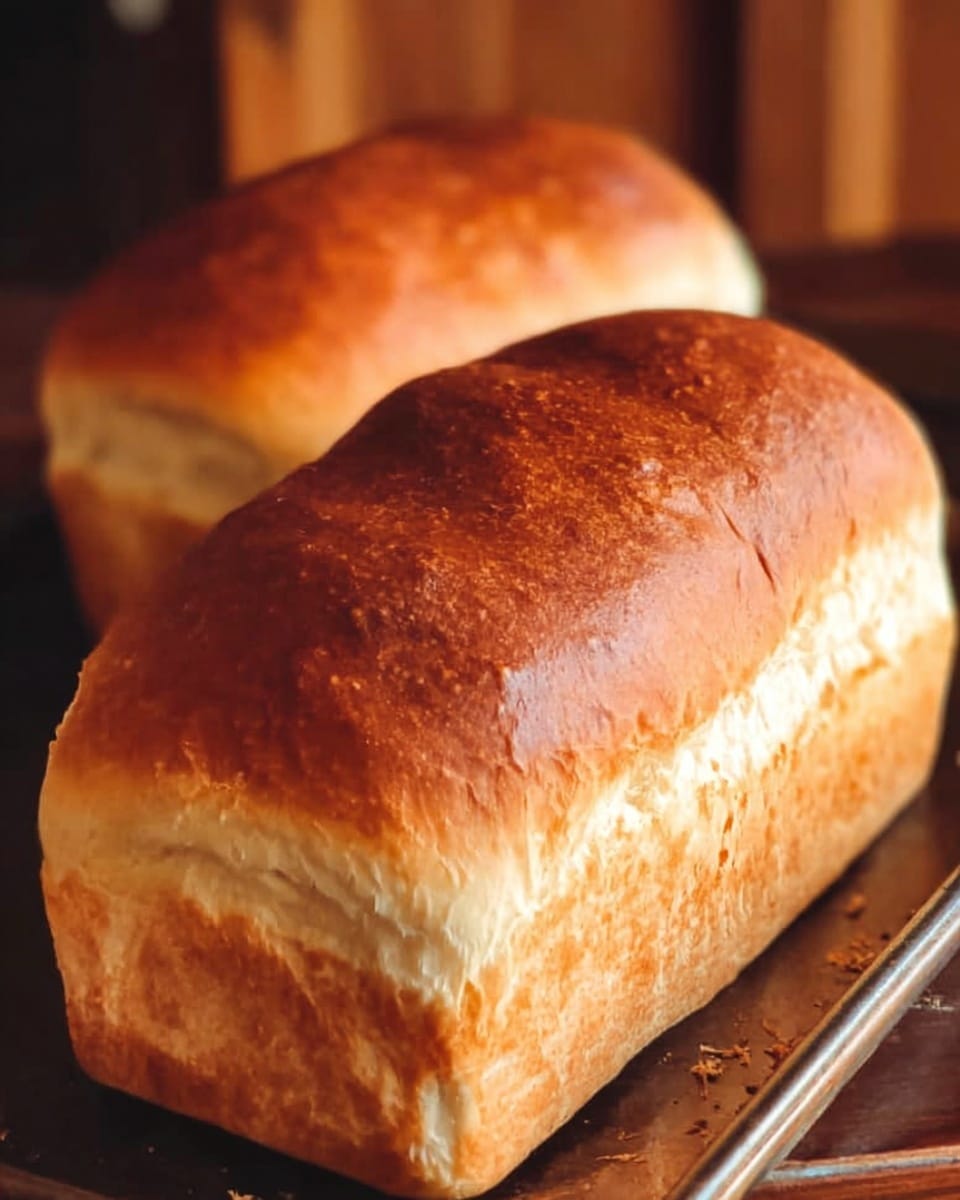 Two golden-brown loaves of bread with a soft and smooth top crust rest side by side on a dark baking tray. Each loaf shows a clear separation between the darker toasted top and the lighter, slightly textured bottom where the dough expanded during baking. The background features warm wooden tones that contrast with the freshly baked bread, and the overall scene has a cozy, homey feel. Photo taken with an iphone --ar 4:5 --v 7