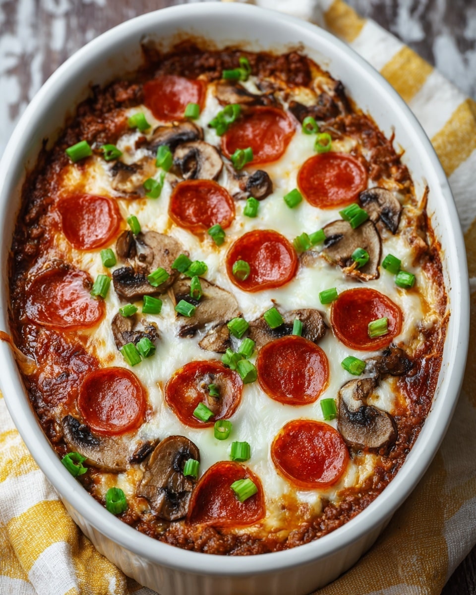 A white oval baking dish holds a layered pizza casserole with visible layers including a base of browned tomato sauce mixed with browned ground meat, topped by a thick layer of melted white cheese with a slightly golden edge. On top, there are scattered bright red pepperoni slices and cooked brown mushroom pieces, all dotted with fresh, chopped green onions adding bright green color. The dish rests on a white marbled textured surface with a yellow and white striped cloth partially visible under the right edge. The melted cheese has a bubbly texture, and the pepperoni looks slightly crisped around the edges photo taken with an iphone --ar 4:5 --v 7
