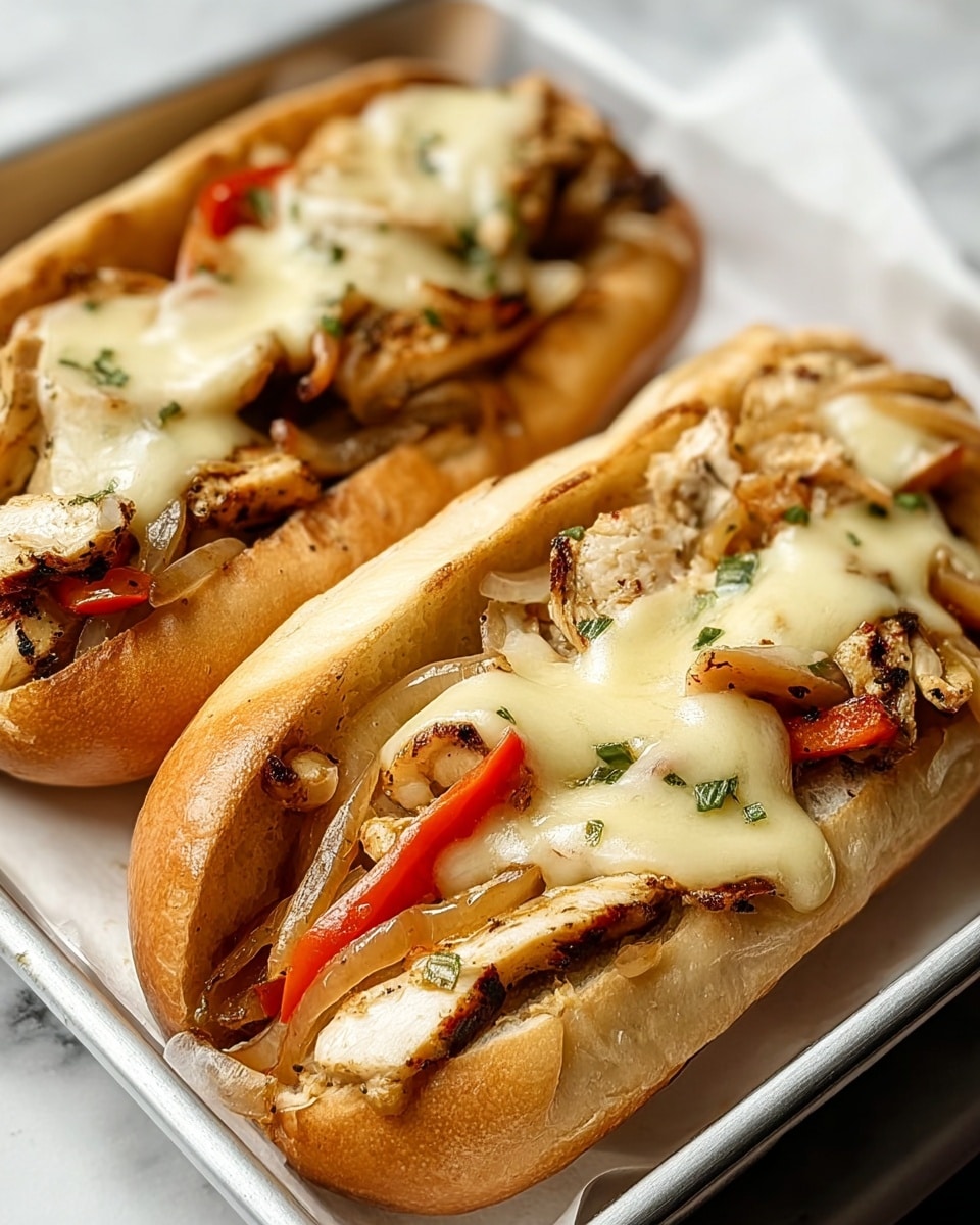 Two sandwiches are placed side by side in a white tray on a white marbled surface. Each sandwich has a soft, light brown bun that is sliced open to hold the fillings. The bottom layer has grilled chicken pieces that are light brown with some charred areas. On top of the chicken, there are strips of red bell pepper and soft cooked onions, adding red and translucent white colors. A layer of melted pale yellow cheese covers the fillings, with some green small herb pieces sprinkled on top. The texture of the cheese is smooth and slightly shiny, stretching partly over the edges of the sandwiches. Photo taken with an iphone --ar 4:5 --v 7