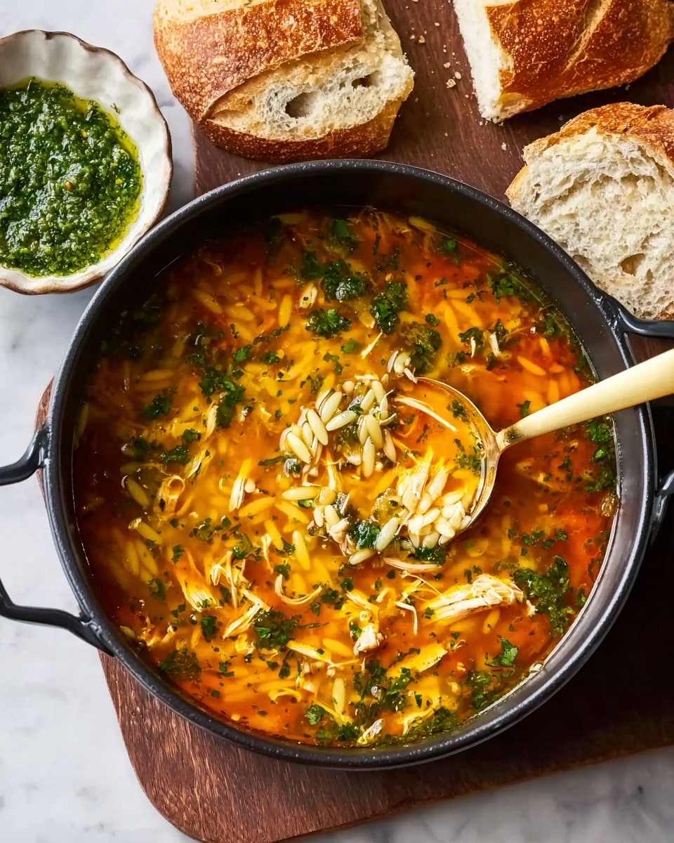 A black pot filled with bright orange soup that has visible small pieces of shredded chicken, chopped green herbs, and orzo pasta, which is small and oval-shaped, floating throughout. A golden spoon scoops out some of the soup, showing the clear broth and the texture of the chicken and orzo. Around the pot, there is a piece of crusty white bread resting on a wooden cutting board and a small white bowl filled with green pesto sauce. The scene is set on a white marbled texture surface. photo taken with an iphone --ar 4:5 --v 7