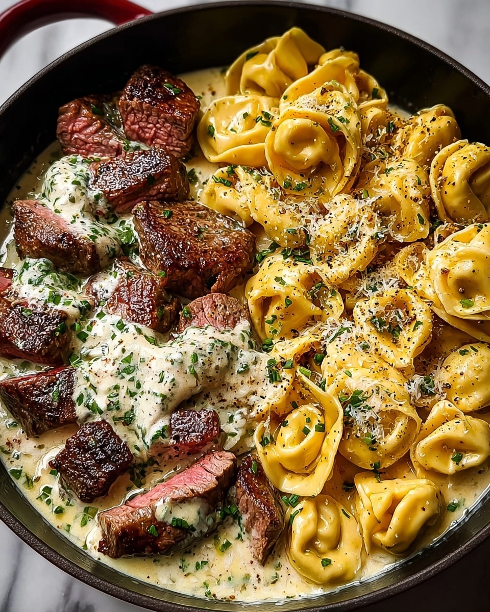 A close-up view of a round black pan filled with two main layers: on the left side, there are juicy steak pieces, browned on the outside with a pink center, covered with a creamy white sauce mixed with green herbs; on the right side, there is a pile of golden-yellow tortellini pasta sprinkled with grated cheese and black pepper, all sitting in the same creamy sauce that pools at the bottom of the pan. The black pan is placed on a white marbled surface. Photo taken with an iphone --ar 4:5 --v 7