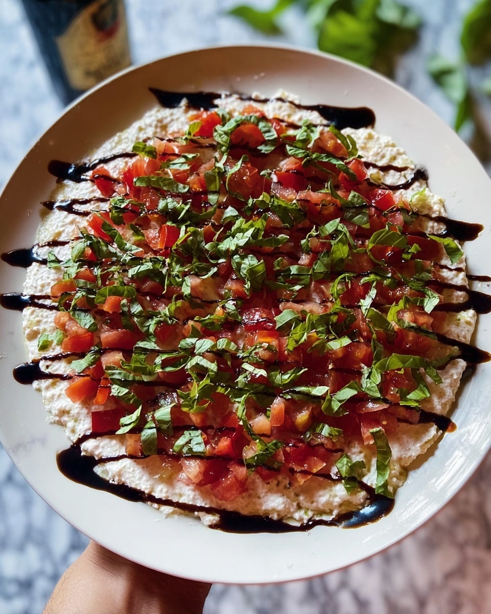 A round, single-layer dish sits on a white plate with scalloped edges, placed on a white marbled surface. The base is a creamy white spread, topped with evenly cut small red tomato cubes covering the entire surface. Thin, dark balsamic glaze is drizzled in lines over the tomatoes. Fresh green basil strips are scattered evenly on top. A dark bottle is held above the dish, pouring more balsamic glaze in thin streams onto the tomatoes. The background is softly blurred with hints of green leaves and bottles, emphasizing the vibrant colors of the dish. photo taken with an iphone --ar 4:5 --v 7