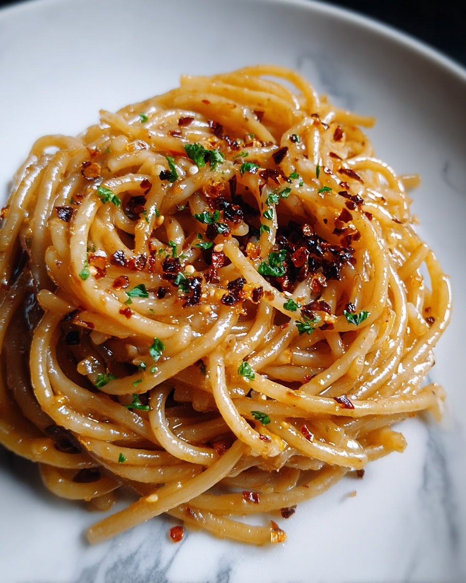 The image shows a close-up of a single serving of spaghetti pasta on a white plate, with the noodles coated in a glossy, light brown sauce. There are small bits of dark red chili flakes and black pepper scattered throughout the pasta, adding texture. Tiny green herbs are sprinkled on top, giving a fresh contrast to the warm tones of the noodles and sauce. The strands of spaghetti are intertwined, forming a mound in the center of the plate, with the spices and sauce evenly distributed. The background features a white marbled texture. photo taken with an iphone --ar 4:5 --v 7