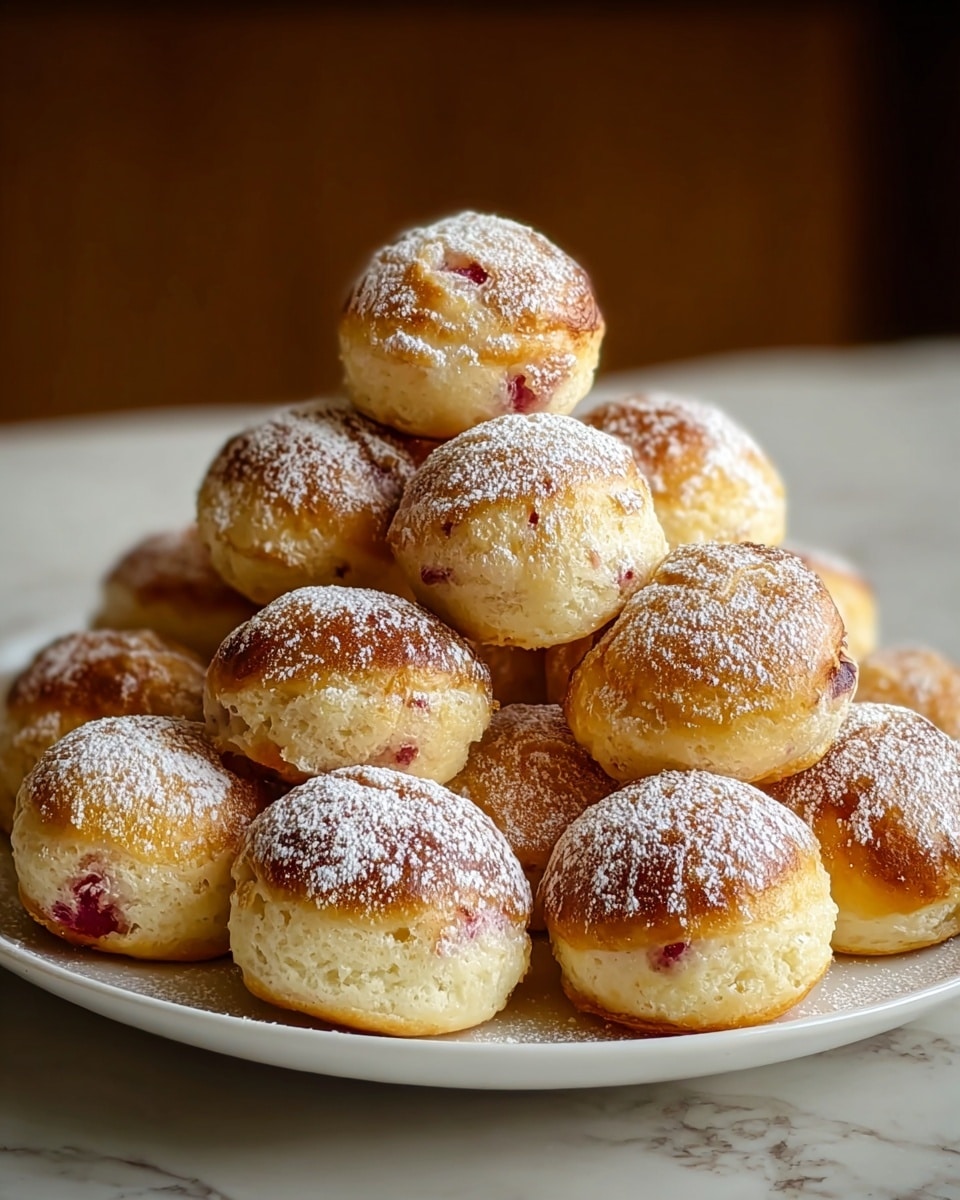 A white plate holds a pyramid of about twenty small, round pastries with a golden brown top and a lighter, fluffy bottom. The pastries have a smooth, slightly shiny texture with some showing hints of red spots inside. They are dusted with a light layer of powdered sugar that adds a soft white contrast to the golden tops. The plate is placed on a surface with a white marbled texture, and the background is blurred with warm brown tones. photo taken with an iphone --ar 4:5 --v 7