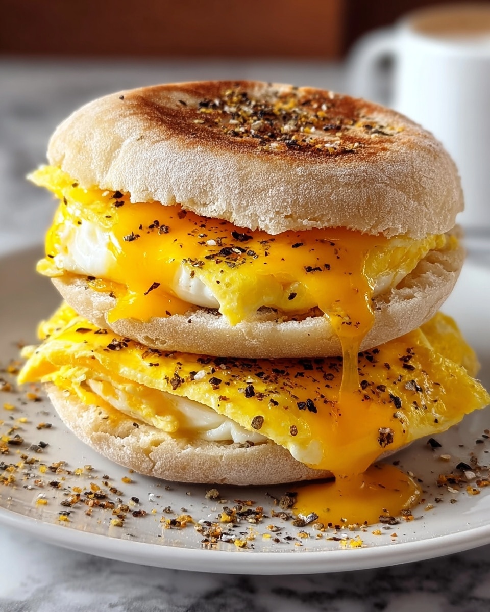 The image shows two egg sandwich muffins placed one on top of the other against a white marbled background. Each sandwich has a toasted English muffin with a golden brown, slightly crunchy texture on top. Inside, there are layers of melted cheddar cheese and cooked eggs with a soft, slightly folded texture. The cheese is bright yellow-orange and melted, oozing a little from the edges. The eggs are cooked with visible flecks of black pepper and herbs sprinkled on the surface, adding specks of black and green. The muffins have a light, soft beige color with a dusting of flour visible. Photo taken with an iphone --ar 4:5 --v 7