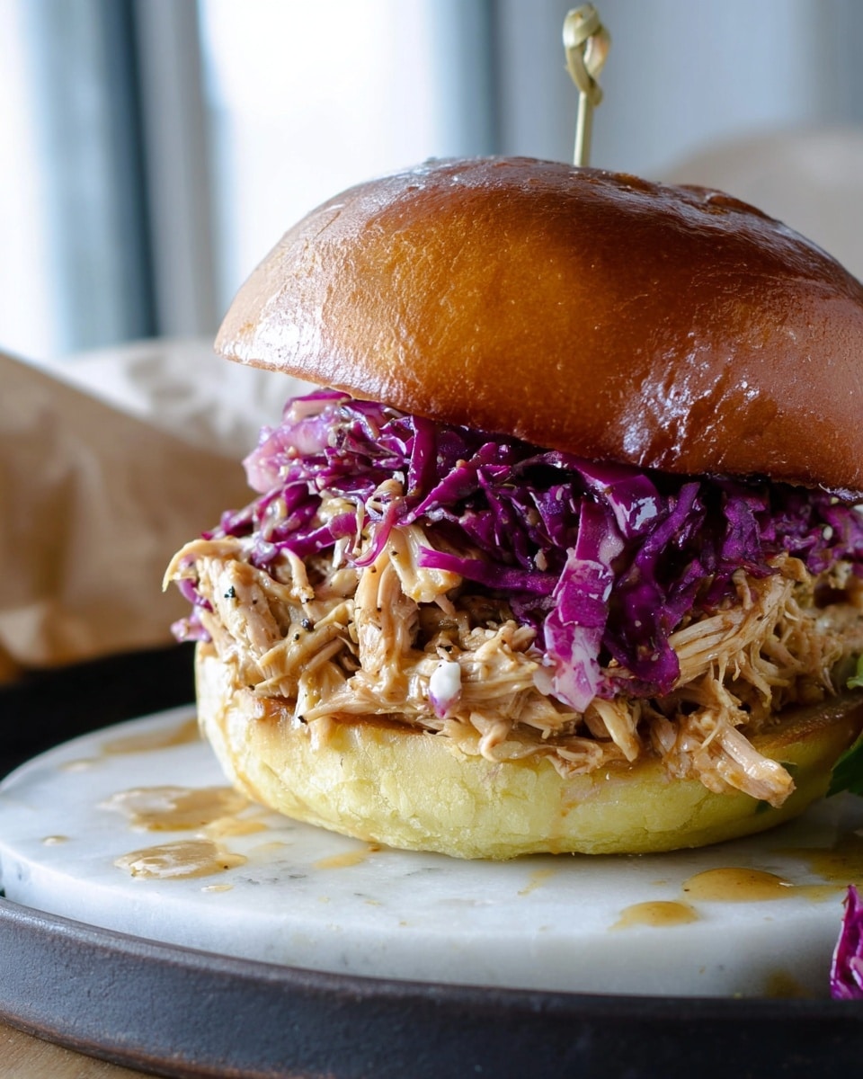 A sandwich with a shiny, golden brown top bun pierced by a toothpick, sitting on a white marbled surface. Inside, there are three visible layers: the bottom is a soft, light yellow bun, followed by a thick, moist layer of shredded pulled chicken mixed with creamy sauce and visible mustard seeds, and topped with a vibrant purple cabbage slaw that adds texture and color contrast just beneath the top bun. The sandwich rests on a dark round plate with some sauce spilled to the side, and soft natural light brightens the scene. Photo taken with an iphone --ar 4:5 --v 7