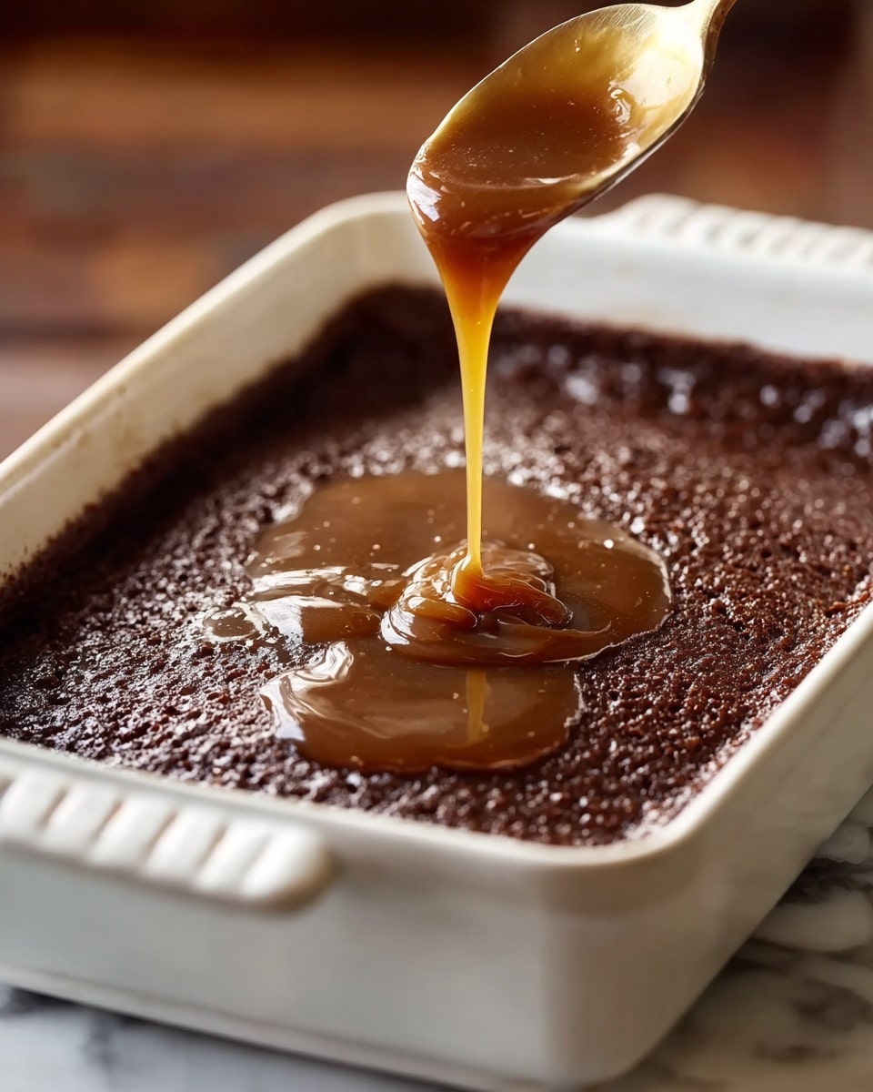 A dark brown, moist cake fills a white rectangular baking dish with two handles, the surface textured and slightly glossy. A light brown, thick sauce is being poured in the center from a pale yellow spoon held above, the sauce glistening as it cascades slowly onto the cake, creating a shiny pool in the middle. The background is blurred with warm tones, and the container sits on a white marbled surface. photo taken with an iphone --ar 4:5 --v 7