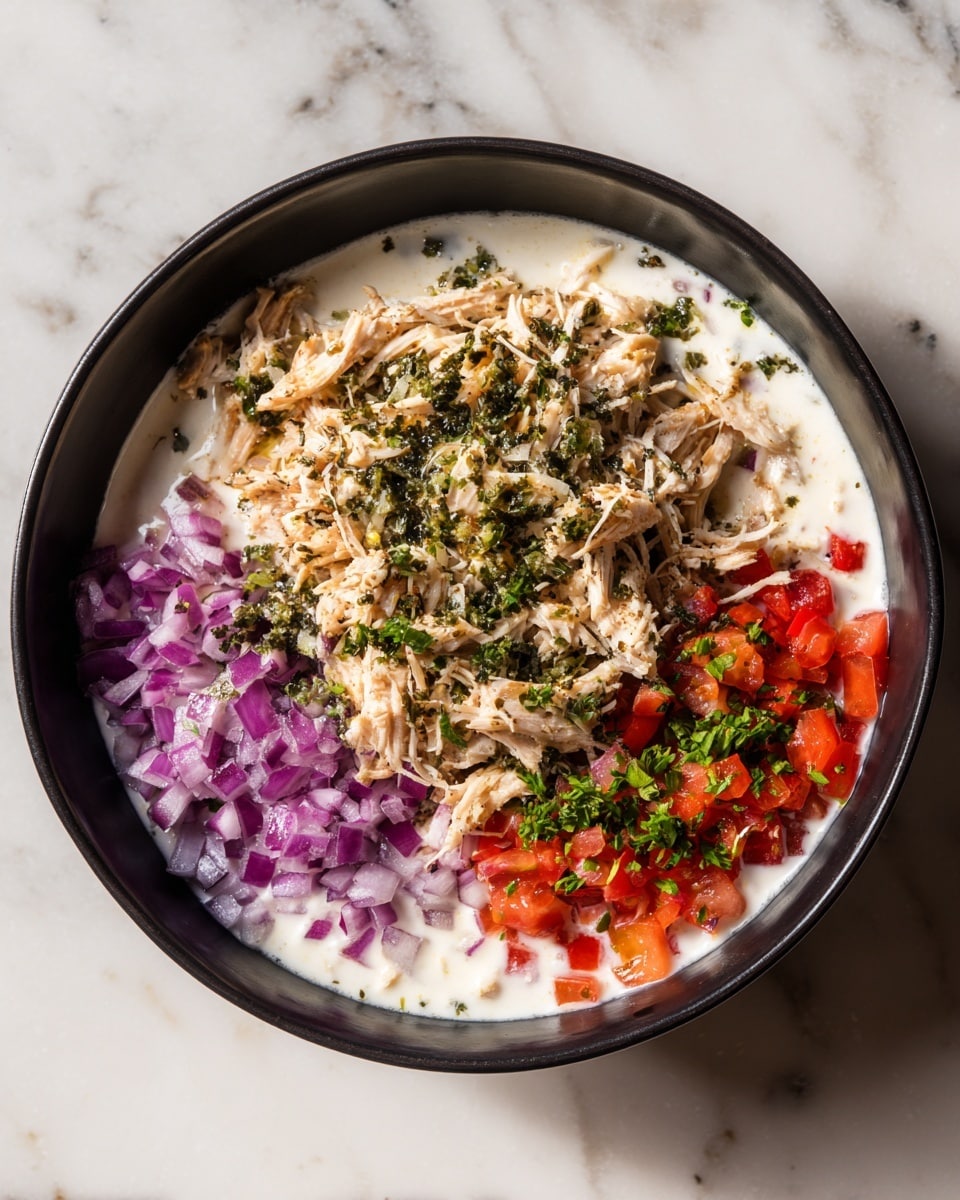 The dish is presented in a black bowl placed on a white marbled surface. The bottom layer is a thick, creamy white sauce spread evenly in the bowl. On top, there is a generous amount of shredded chicken mixed with herbs, giving it a textured look with light brown and green spots. To the left of the chicken, finely chopped purple onions add a pop of color, and to the right, there are bright red diced tomatoes, sprinkled with bits of green herbs. The ingredients are arranged neatly in sections around the bowl. photo taken with an iphone --ar 4:5 --v 7
