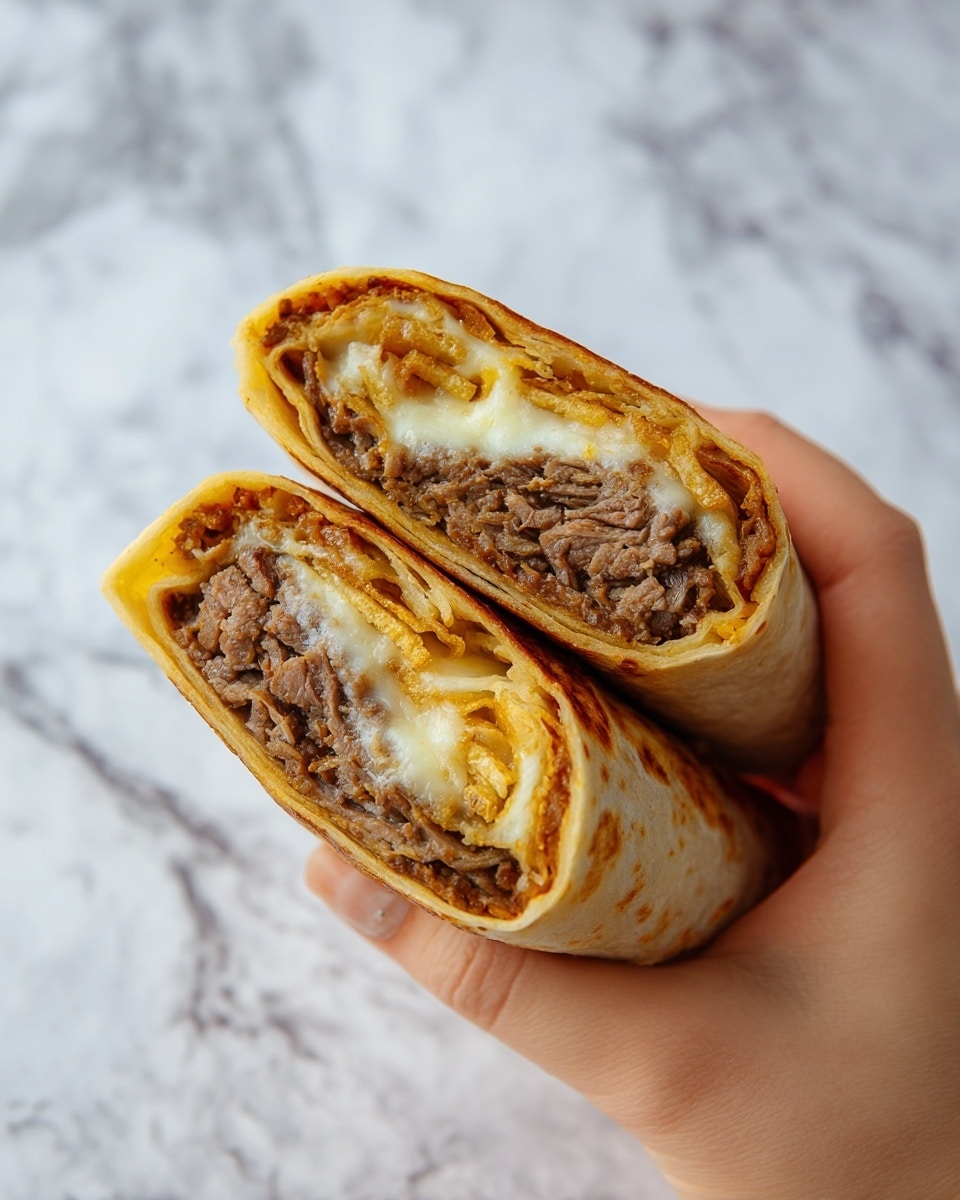 A close-up image of a woman’s hand holding two halves of a rolled wrap. The wrap has three visible layers inside: a soft, light beige outer tortilla, followed by a dark brown, finely shredded meat layer, and an inner layer of melted white cheese mixed with small bits of crispy golden-brown fried onions or similar crunchy ingredients. The texture of the wrap looks soft and slightly toasted in some parts. The background shows a white marbled texture. Photo taken with an iphone --ar 4:5 --v 7